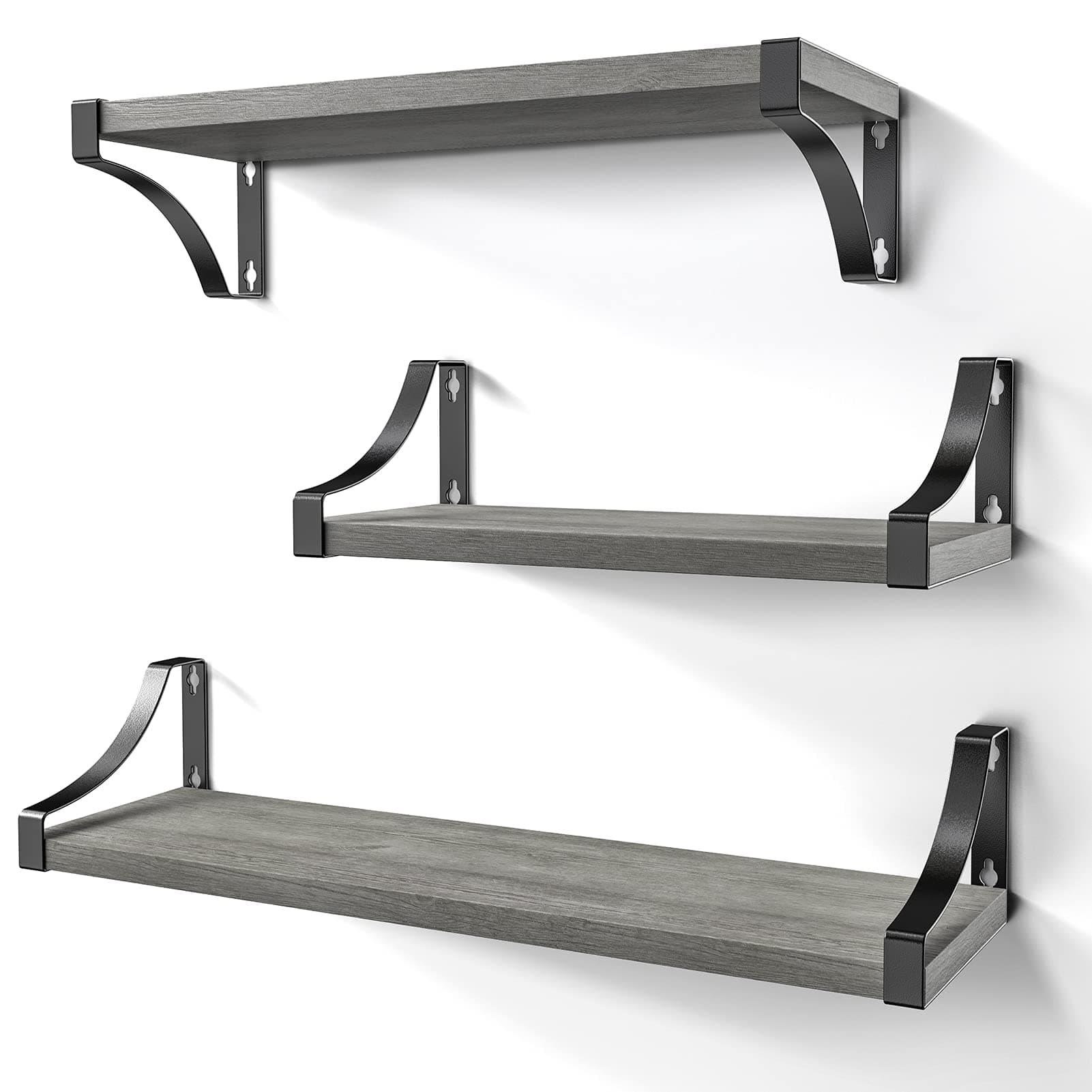 AMADA HOMEFURNISHING Wall Shelves Set of 3, Floating Shelves Hold up to 55lbs, Rustic Wood Wall Shelves for Bedroom, Bathroom, Living Room, Kitchen, Storage & Decoration, Gray | Hold up to 55lbs, for Bedroom, Bathroom, Living Room, Kitchen, Storage & Decoration