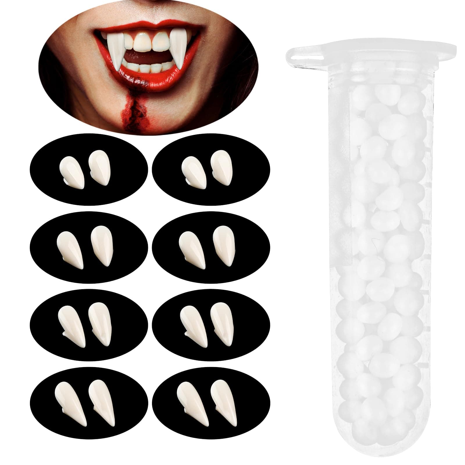 Sibba 8 Pairs Vampire Teeth Dentures, 4 Size Vampire Fangs for Halloween Cosplay Props with Teeth Pellets Adhesive, Halloween Costume Party Favors(13mm, 15mm, 17mm, 19mm)