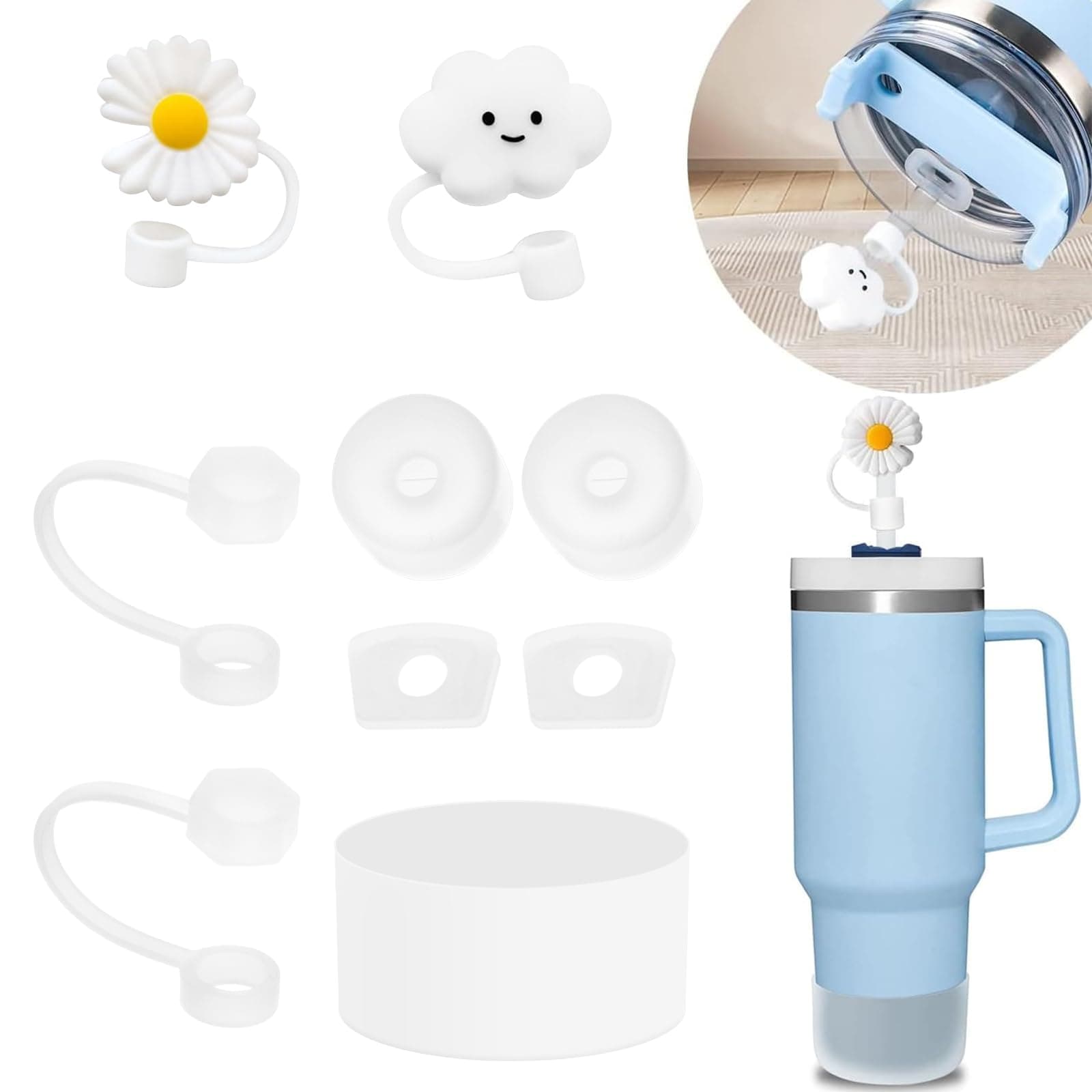 Stanley Cup Accessories Set: 6 Silicone Spill Proof Stoppers, 2 Straw Cover Caps for 9-10 mm Straws, 1 Silicone Boot for 40oz & 30oz Tumbler (Clear)