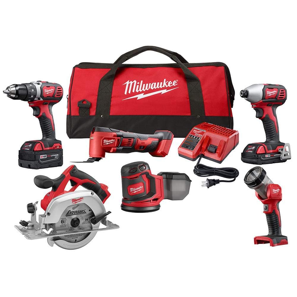 Milwaukee M18 18-Volt Cordless Combo Kit (6-Tool) with 2 M18 Batteries, 1 Charger, 1 Tool Bag
