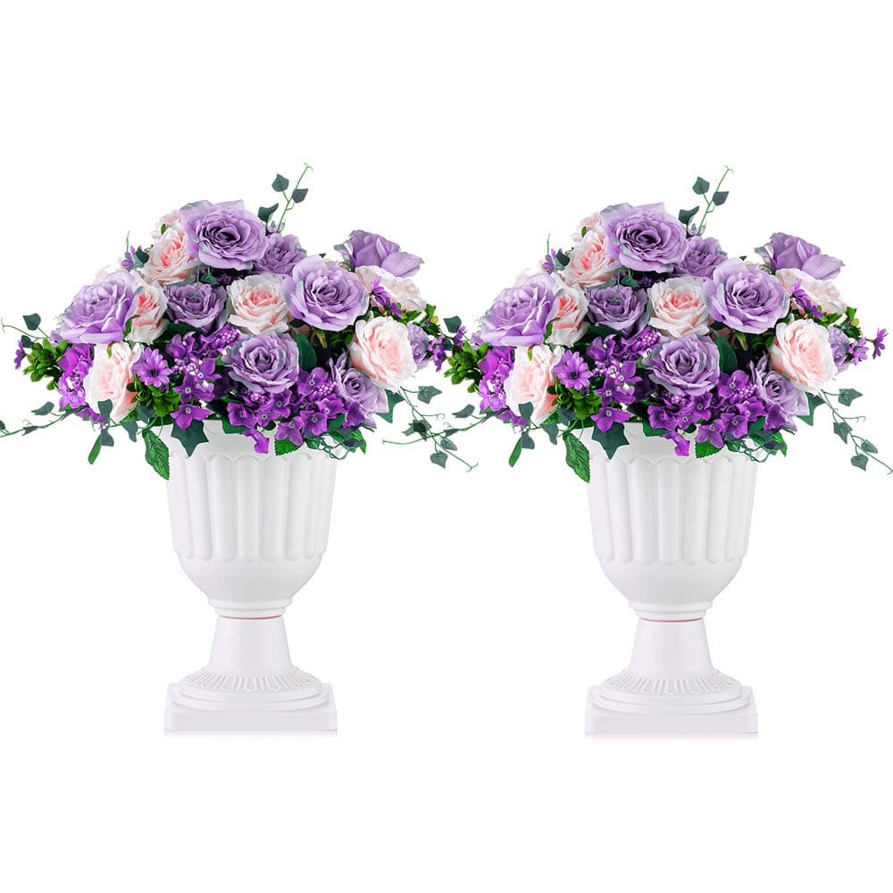 2 Pcs Classic Urn Planter,35.5cm Height Plastic Indoor or Outdoor Decorative Urn, Tall Pedestal Plastic Planter, Vintage Style Flower Pot, Home Garden Front Porch Door Deck Balcony Decoration, White