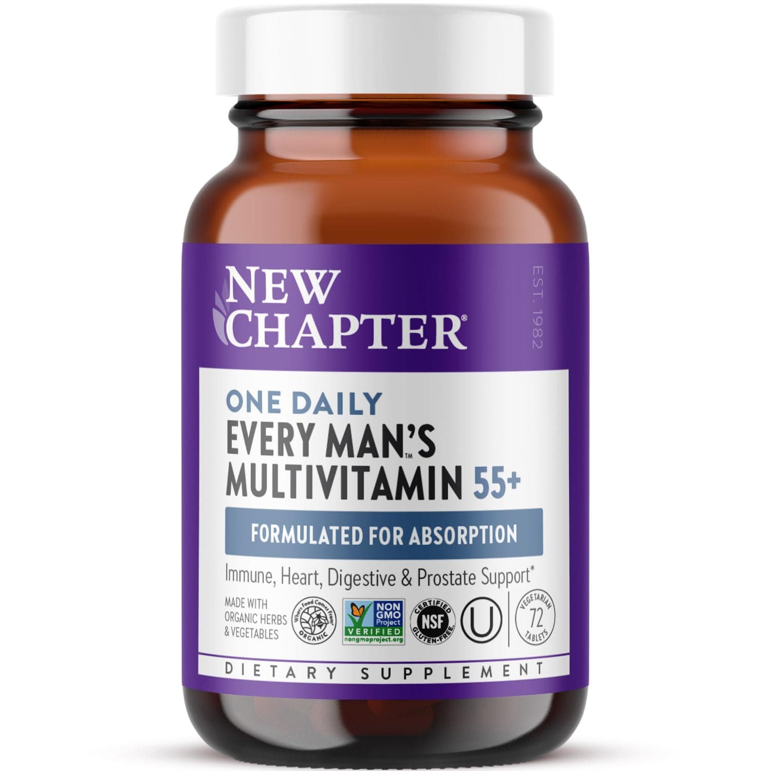 New Chapter Men's Multivitamin 50 Plus for Brain, Heart, Digestive, Prostate & Immune Support with 20+ Nutrients + Astaxanthin - Every Man's One Daily 55+, Gentle on The Stomach - 72 ct