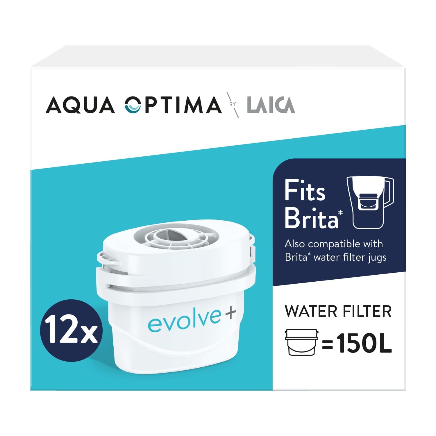 Evolve+ Water Filter Cartridges 12 Pack - Fits Brita Jugs & Alternative for Maxtra Filters* - Reduces Limescale, Chlorine and Other Impurities - by LAICA (Packaging May Vary)