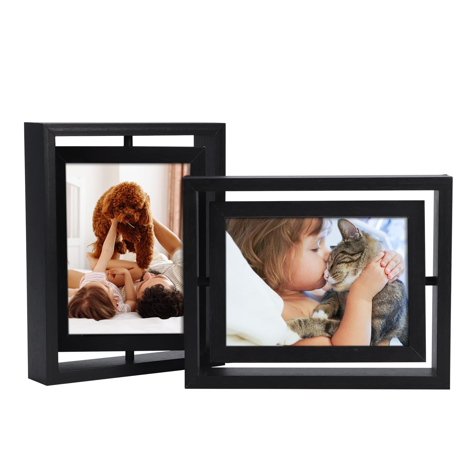 EXYGLO 2 Pack 5x7 Rustic Rotating Floating Picture Frames, Table Frame for Vertical or Horizontal Tabletop Display, Black