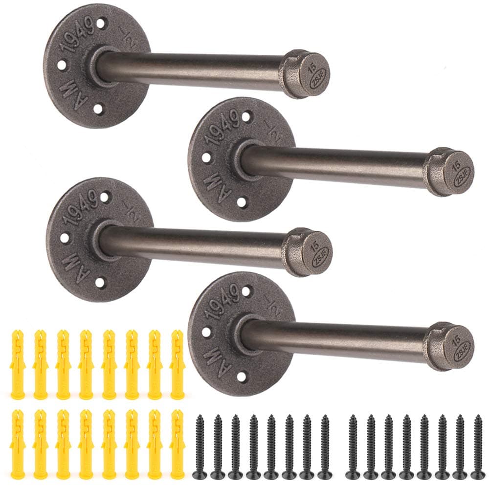 Rustic Pipe Shelf Brackets Industrial Floating Shelf Wall Shelves for Custom Floating Shelves, Wall Mounted DIY Brackets Vintage Decors Industrial Steel Grey Fittings, Flanges, Straight Pipes(8 Inch)