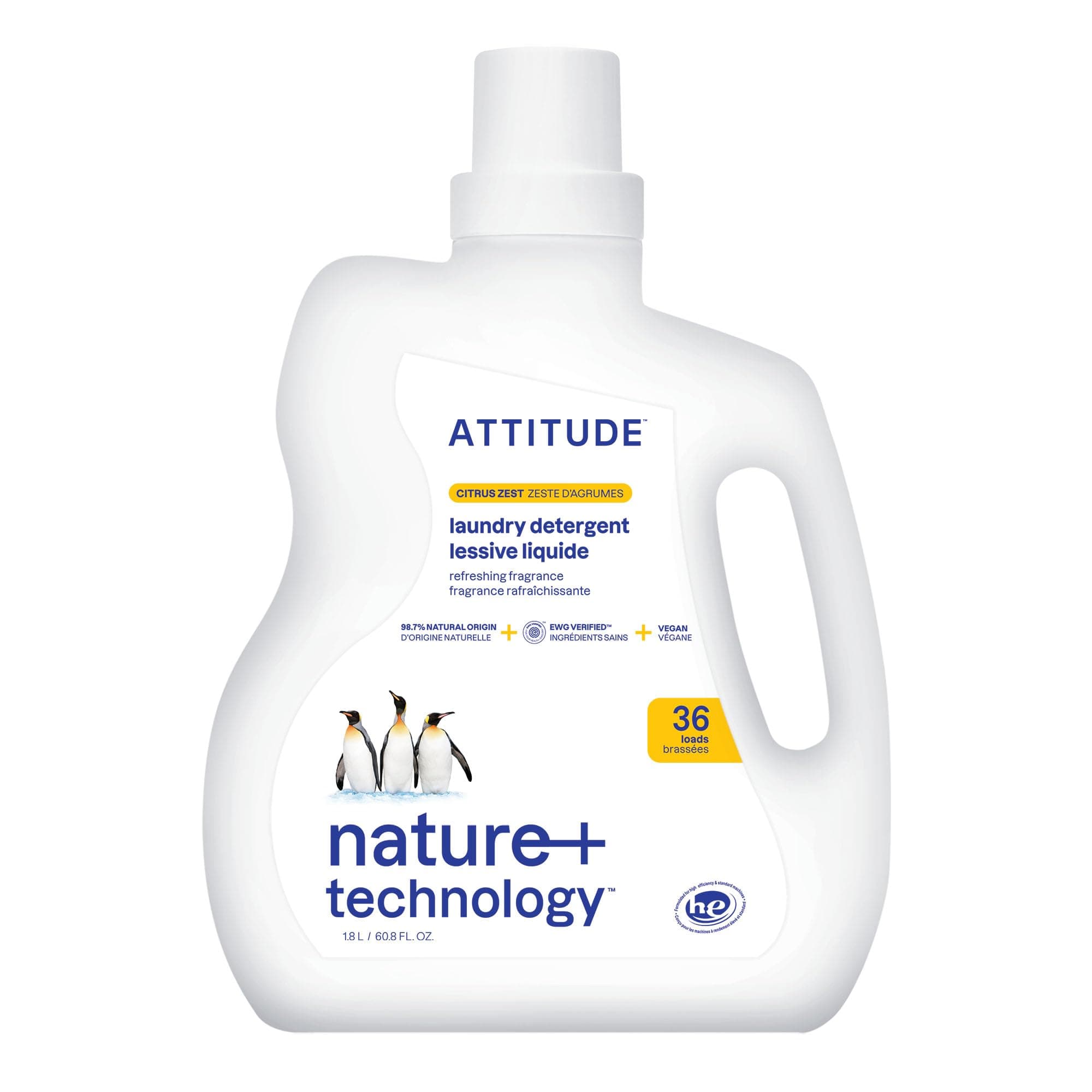ATTITUDE Liquid Laundry Detergent, EWG Verified, HE Compatible, Plant-Based & Vegan, Natural Laundry Soap, Citrus Zest Scent, 36 Loads, 1.8 Liters