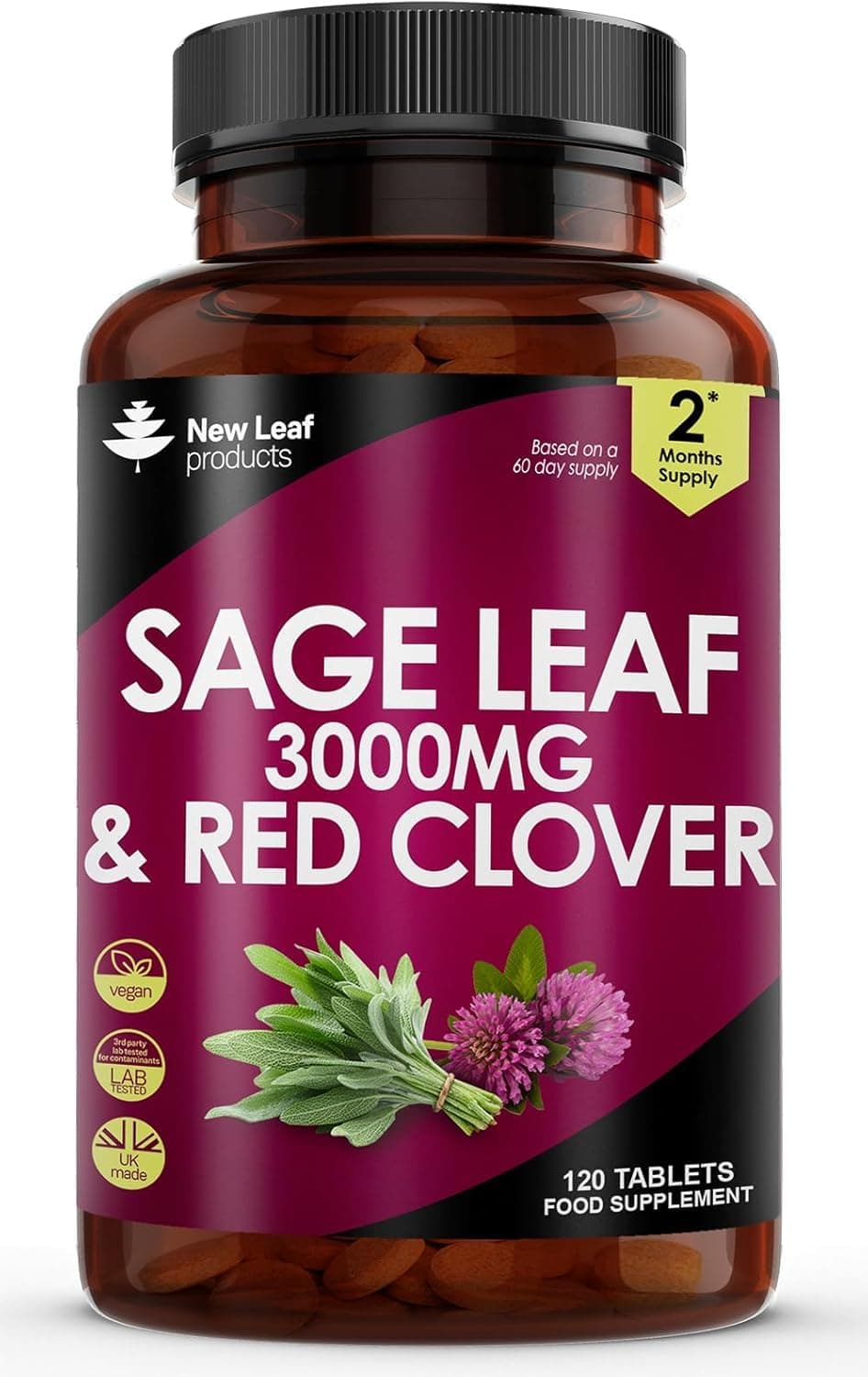 Sage Leaf & Red Clover Tablets for Menopause - 3000mg High Strength Perimenopause Supplements with Sage Leaf and Red Clover Menopause Supplements - Vegan Sage 120 Tablets Made in UK by New Leaf