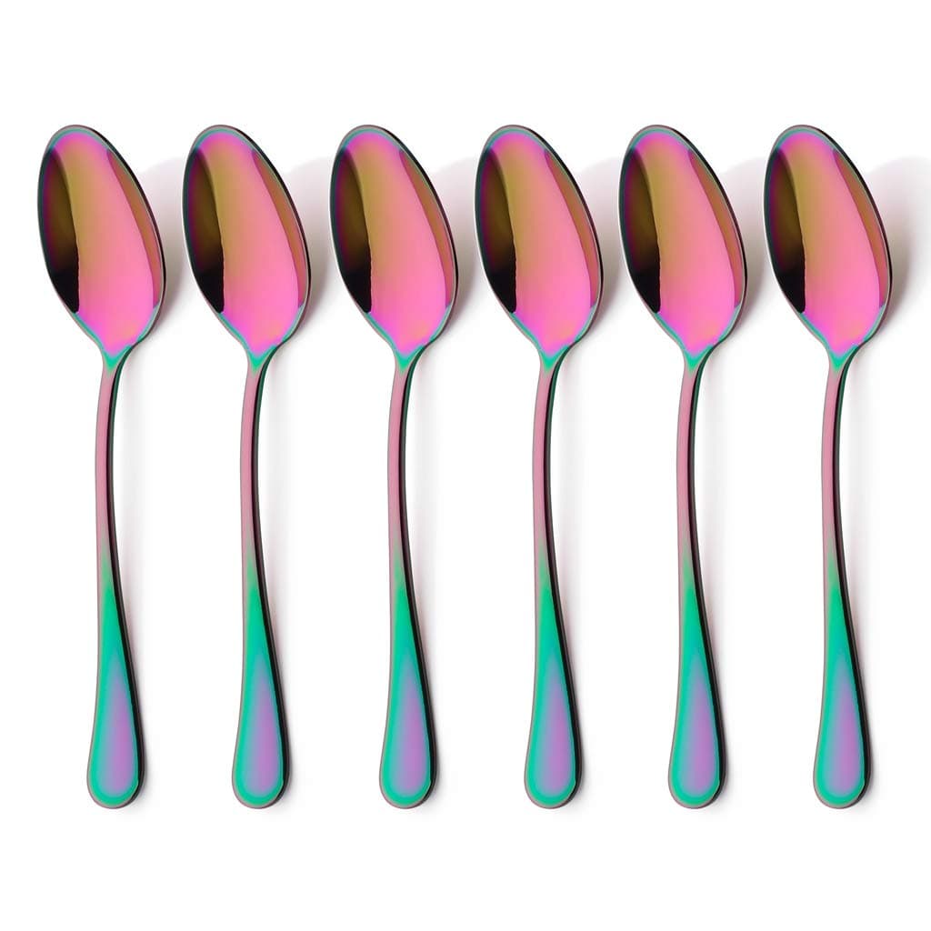 6 Piece Dinner Spoon Set Rainbow Multicolor Stainless Steel Table Soup Dessert Spoon Silverware Flatware Utensil Cutlery Set Service for 6 Mirror Finish Dishwasher Safe 7.2 Inches