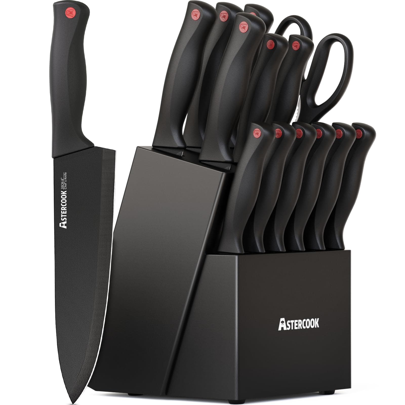 Knife Set, Astercook 15 Pieces Knife Sets for Kitchen with Block, Dishwasher Safe Kitchen Knife Set with Built in Sharpener Block, German Stainless Steel Knife Block Set, Valentine's Gift