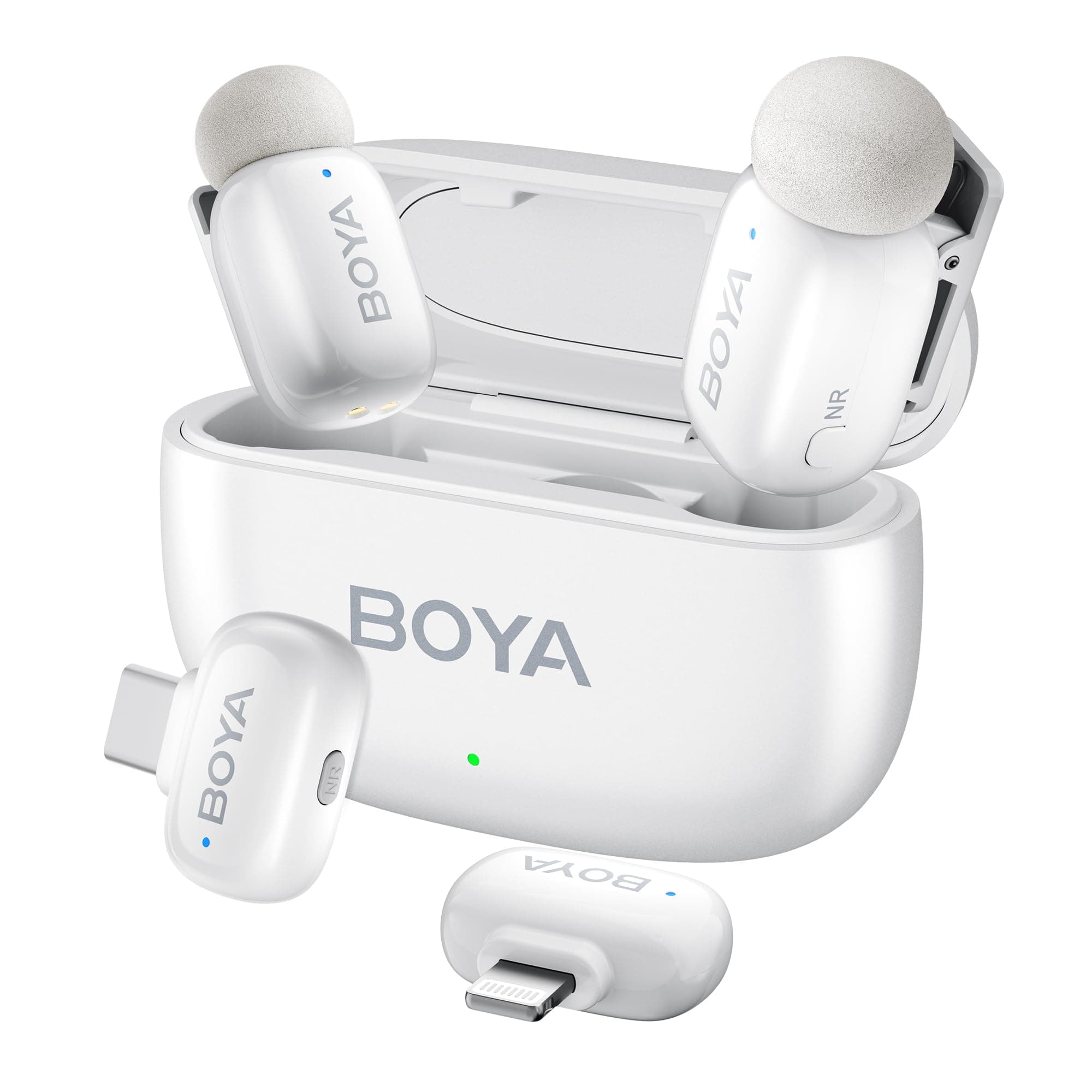 Boyamini Wireless Lavalier Microphone for iPhone/iPad Android Device with 2 Plugs&2 Ultra Mini Mics with 30H Usage, AI Voice Change, Lapel Microphone for Vlog, Streaming, TikTok, YouTube(White)