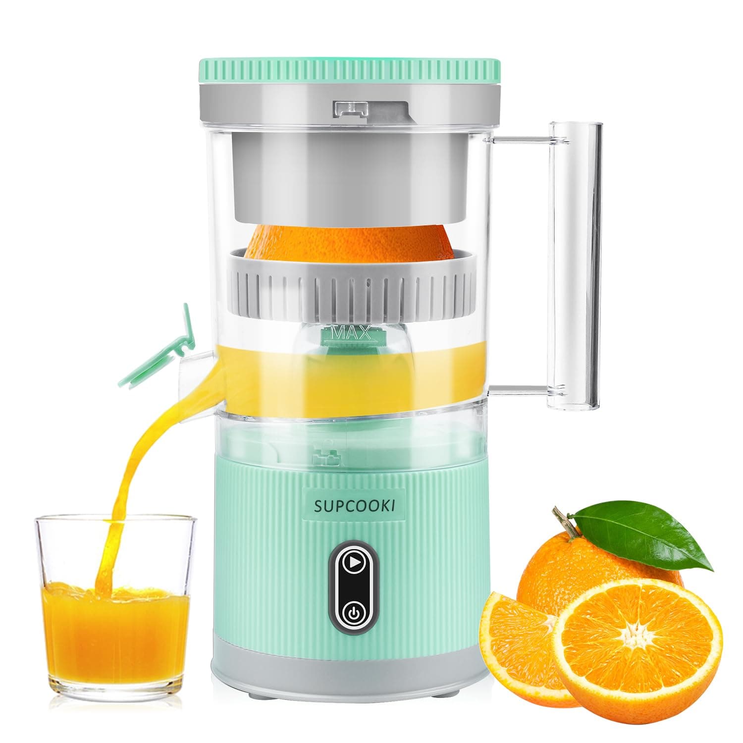 Electric Rechargeable Citrus Juicer - Automatic Squeezer with Touch Button, USB Cable and Cleaning Brush | Portable for Orange, Lemon, Grapefruit | Easy to Clean, Mint Green