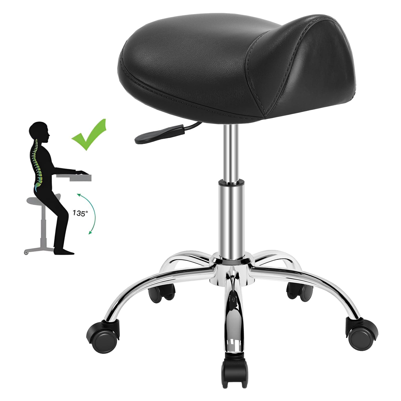 Minewill Ergonomic Saddle Stool/Professional Saddle Chair-Adjustable Stool with Wheels,Heavy-Duty Saddle Stool Rolling Chair for Clinic Dentist Spa Massage Salons Studio Tattoo
