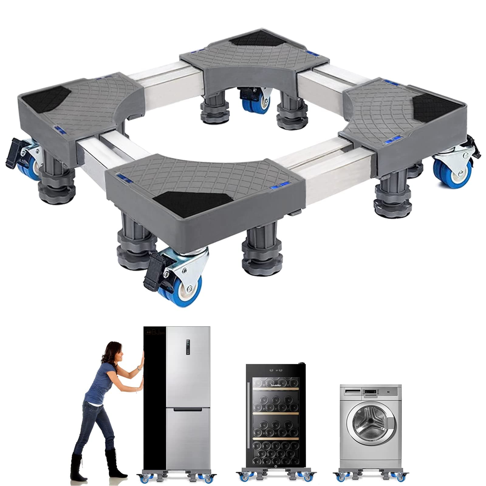Fridge Stand Universal Mobile Base Movable Washing Machine Base Stand Adjustable Washer Dryer Refrigerator Bases Appliance Dolly Square with 4 Locking Dual-wheel and 8 Lifting Feet (Double-tube)