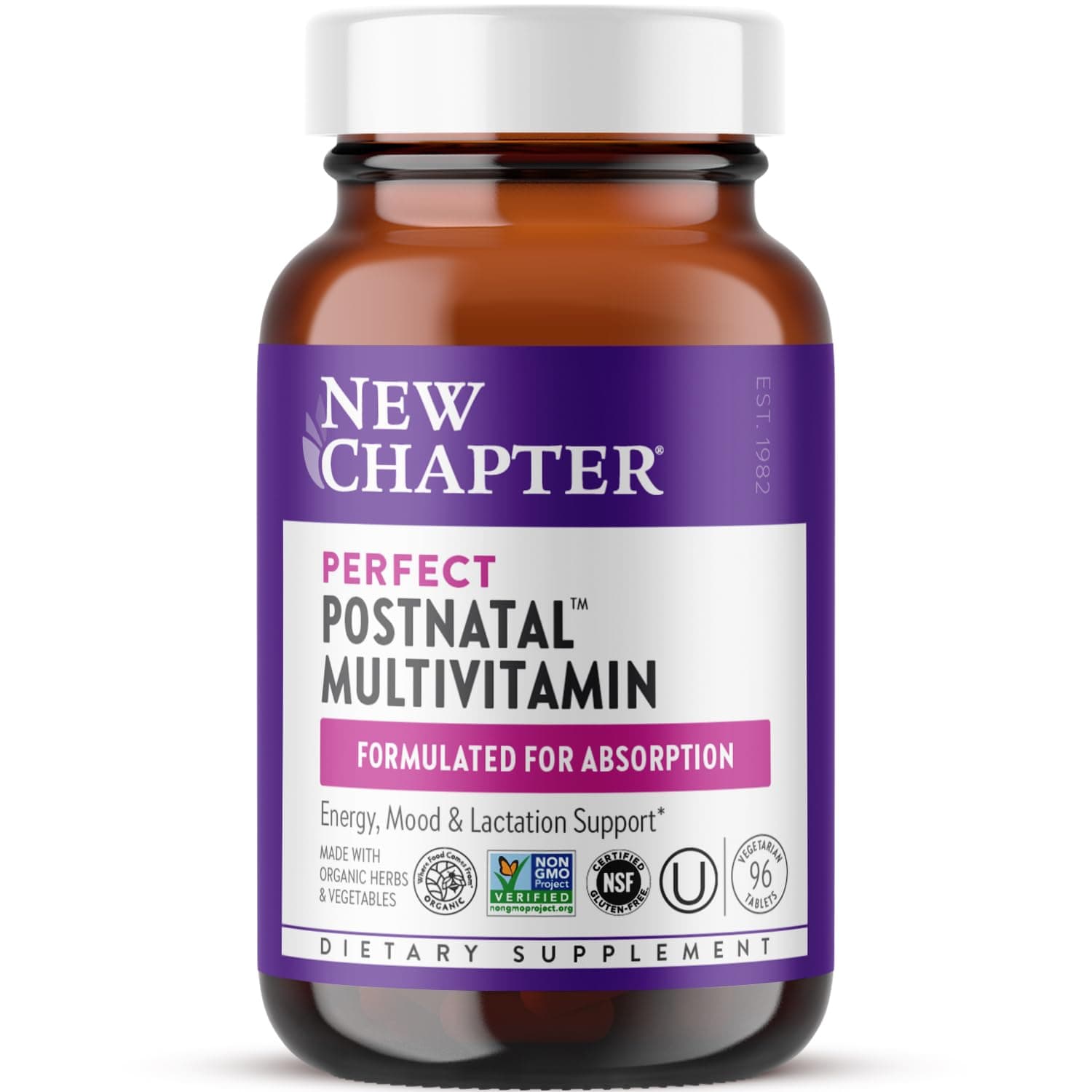 New Chapter, Postnatal Vitamins Lactation Supplement, Complete Multivitamin with Fermented Vitamin D3 + B Vitamins, Made with Organic Vegetables & Herbs, Non-GMO Ingredients, 96 Count