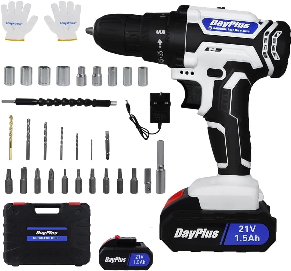 Cordless Power Drill Set Electric Screwdriver Drill Set with 2-Variable Speed, 25+1 Torque with Led Light,21V Li-ion Battery&Fast Charger,3/8" Keyless Chuck Driver Tool with 26PCS Drill Bits,1 Kitbox