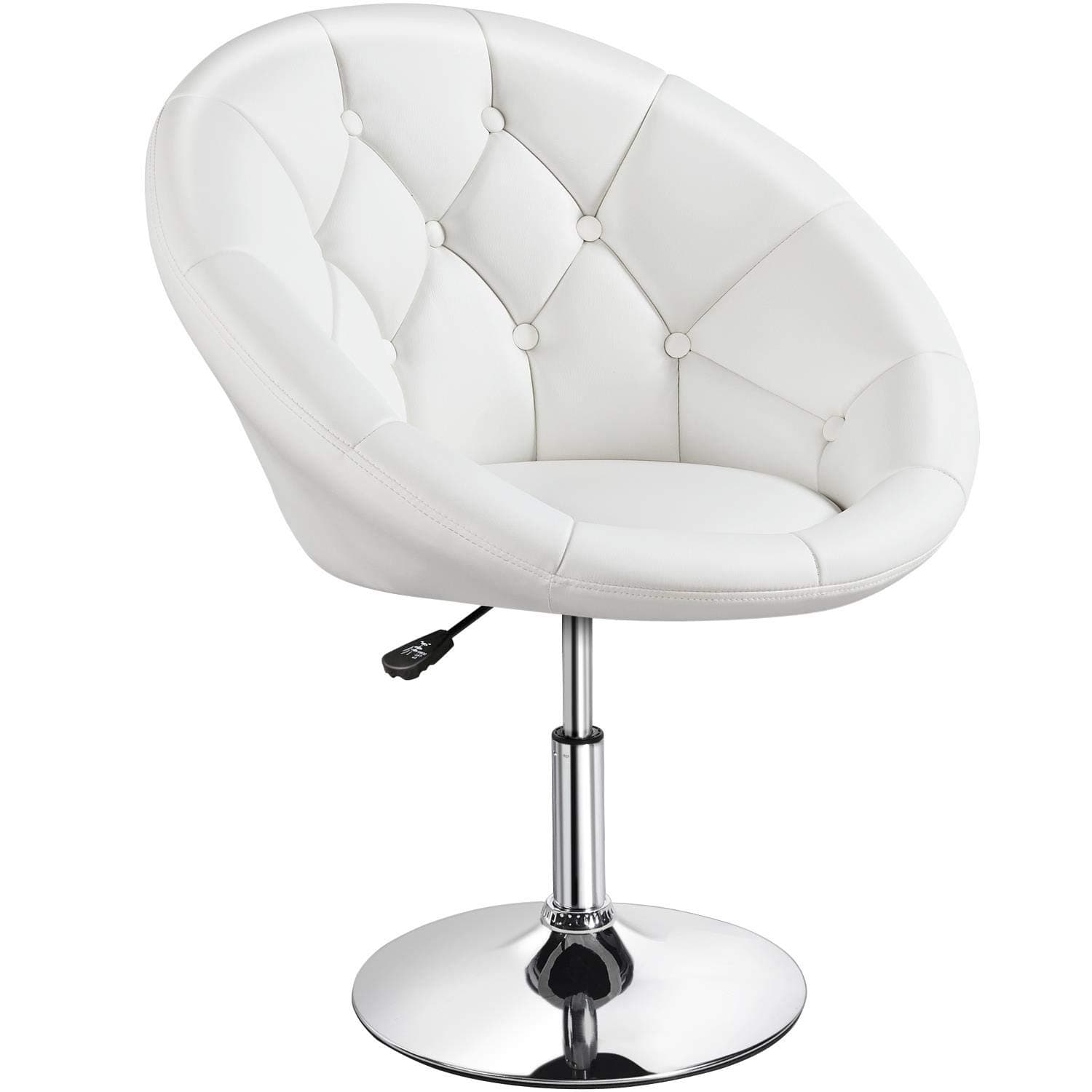 Yaheetech Adjustable Vanity Chair with Round Tufted Back, Swivel Leather Salon Chair for Bedroom, Living Room, Office, White