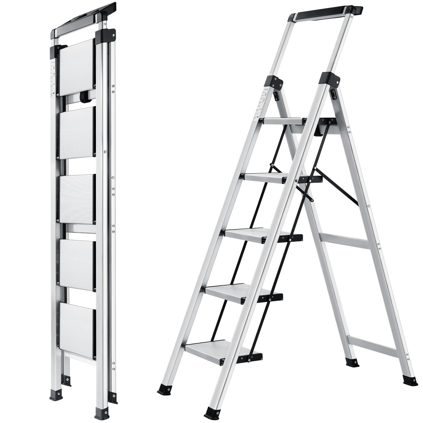 XinSunho Foldable ladder 5 steps stool, Step Ladder With Extendable Handrail, Lightweight Aluminium Step Ladder For Home, Non-Slip Portable Ladder For Kitchen, Library And Office ,Maximum Load 150 Kg