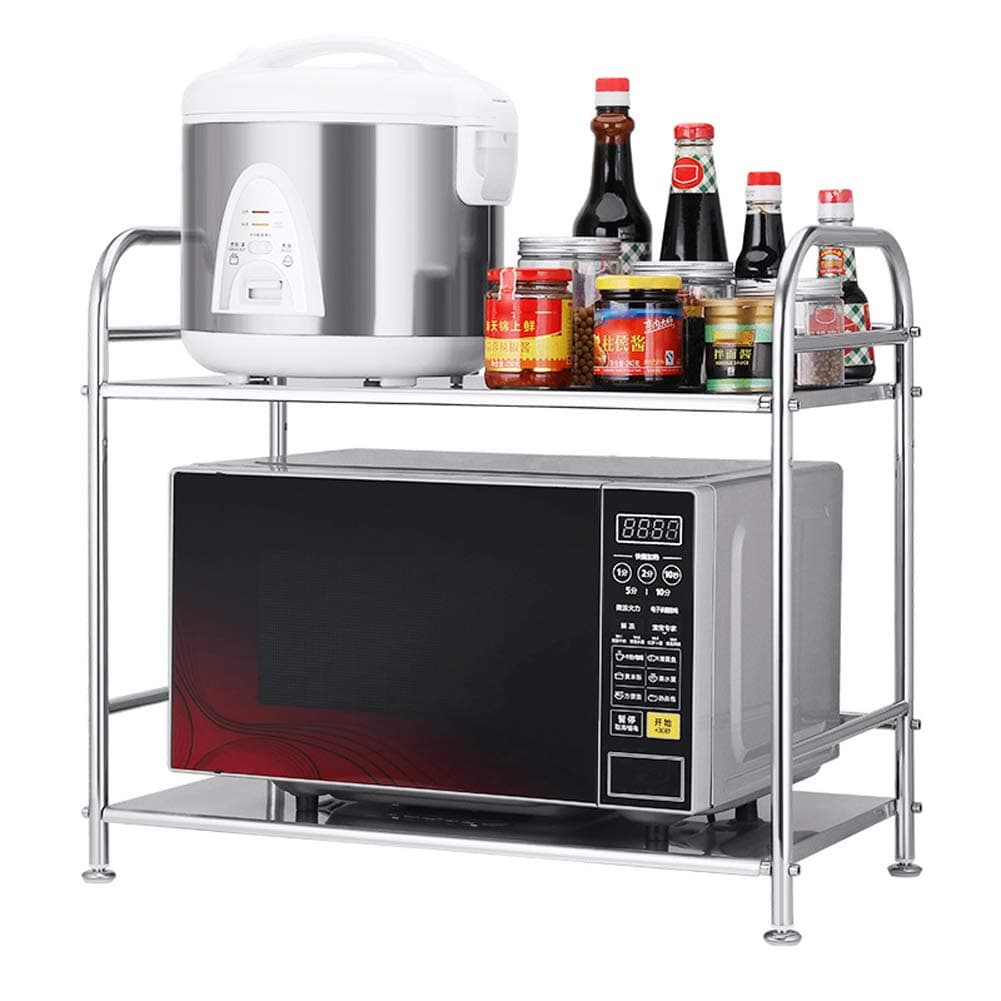 Kitchen Storage Rack, Microwave Oven Rack, 2-Tiers Storage Shelf, Stainless Steel Kitchen Shelves Counter, Organize Cabinet Shelf, Free 4 Hooks (Size: 13.8" D x 21.7" W x 20.9" H)