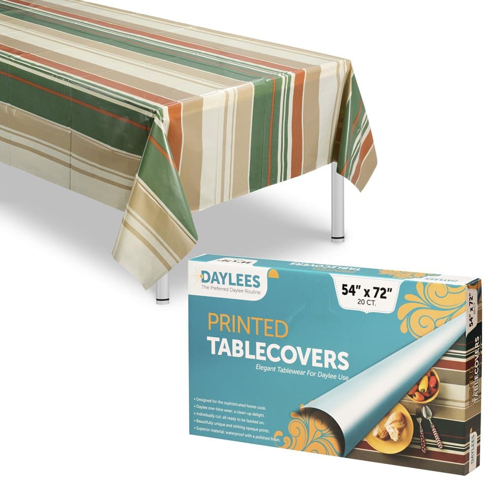 20-Pack Disposable Plastic Tablecloths, Red Green and Beige Striped Design, Size 54 X 72 Inches Covers a 5 Foot Rectangle Picnic Party Table