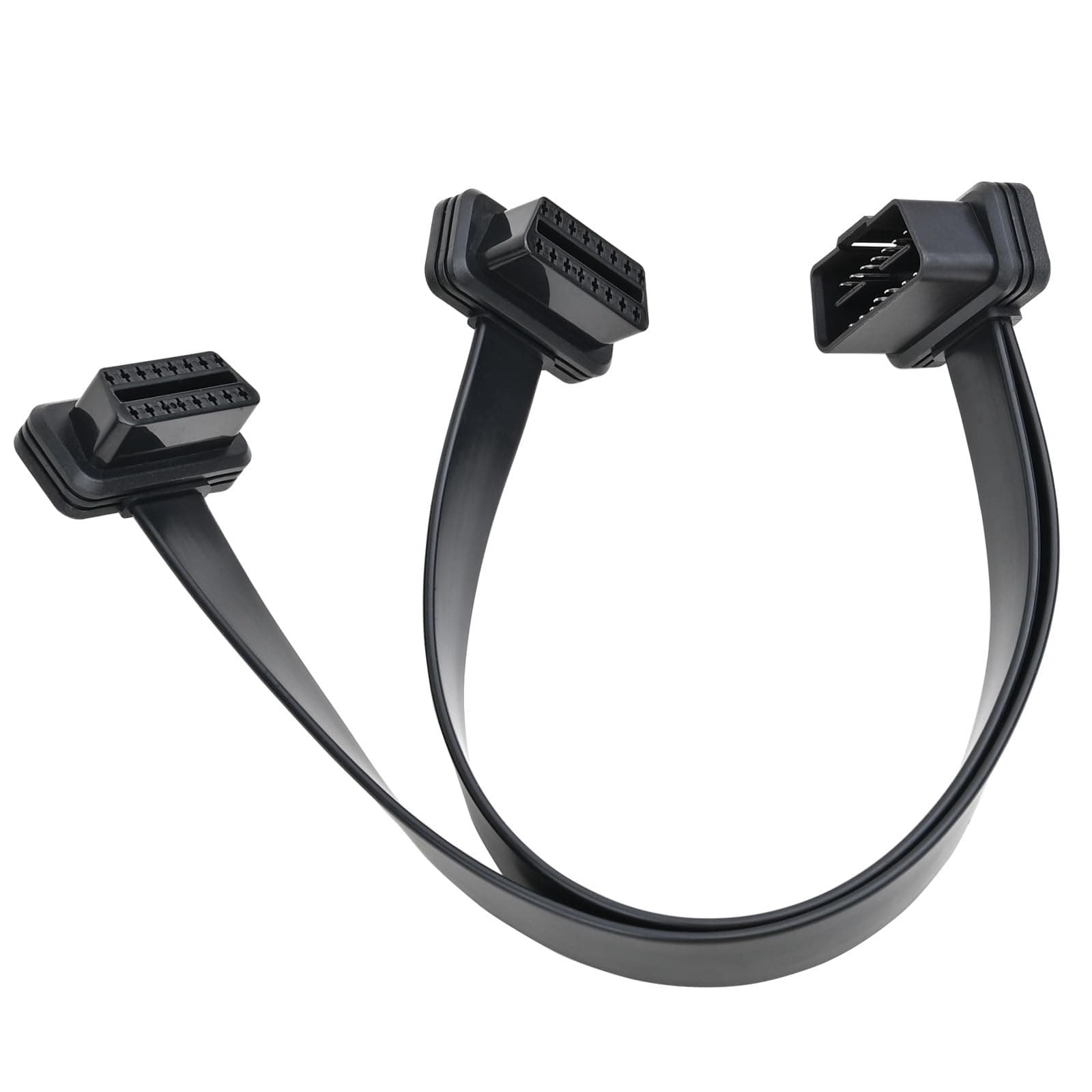 iKKEGOL Ultra Low Profile Left or Right Angle OBD2/OBDII Y Splitter Flat Ribbon Cable 1Feet/30cm -1x Male and 2X Female J1962 Ports
