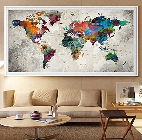 Large World Map Wall Art Print, Large World Map Art, Extra Large Wall Art, watercolor push pin travel map poster (L41)