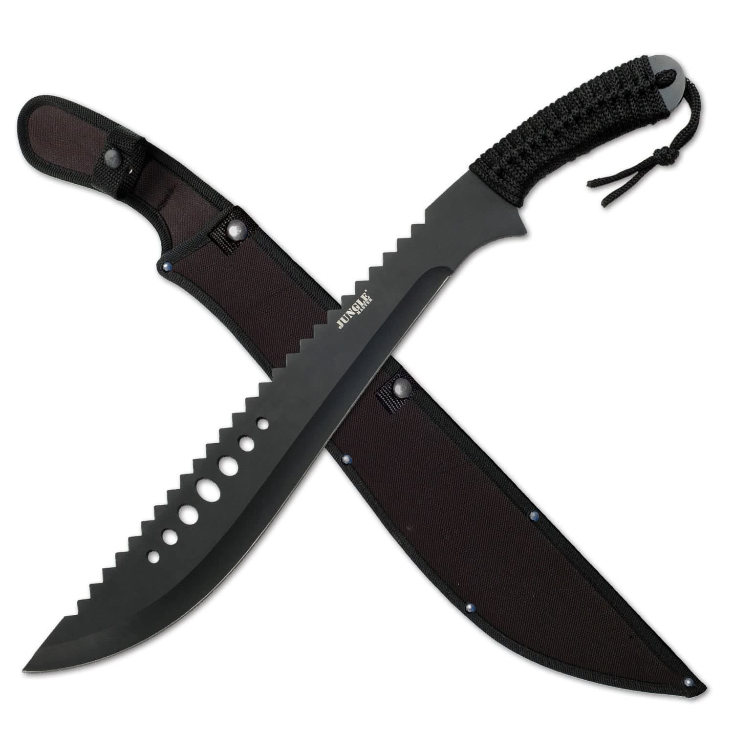 Machete with Reverse Serrations–Black Stainless Steel Blade w/ Reverse Serrations,Full Tang,Cord Wrapped Handle,Nylon Sheath,Outdoor,Hunt,Camp,Hike,Survival,JM-031B 21-Inch Overall