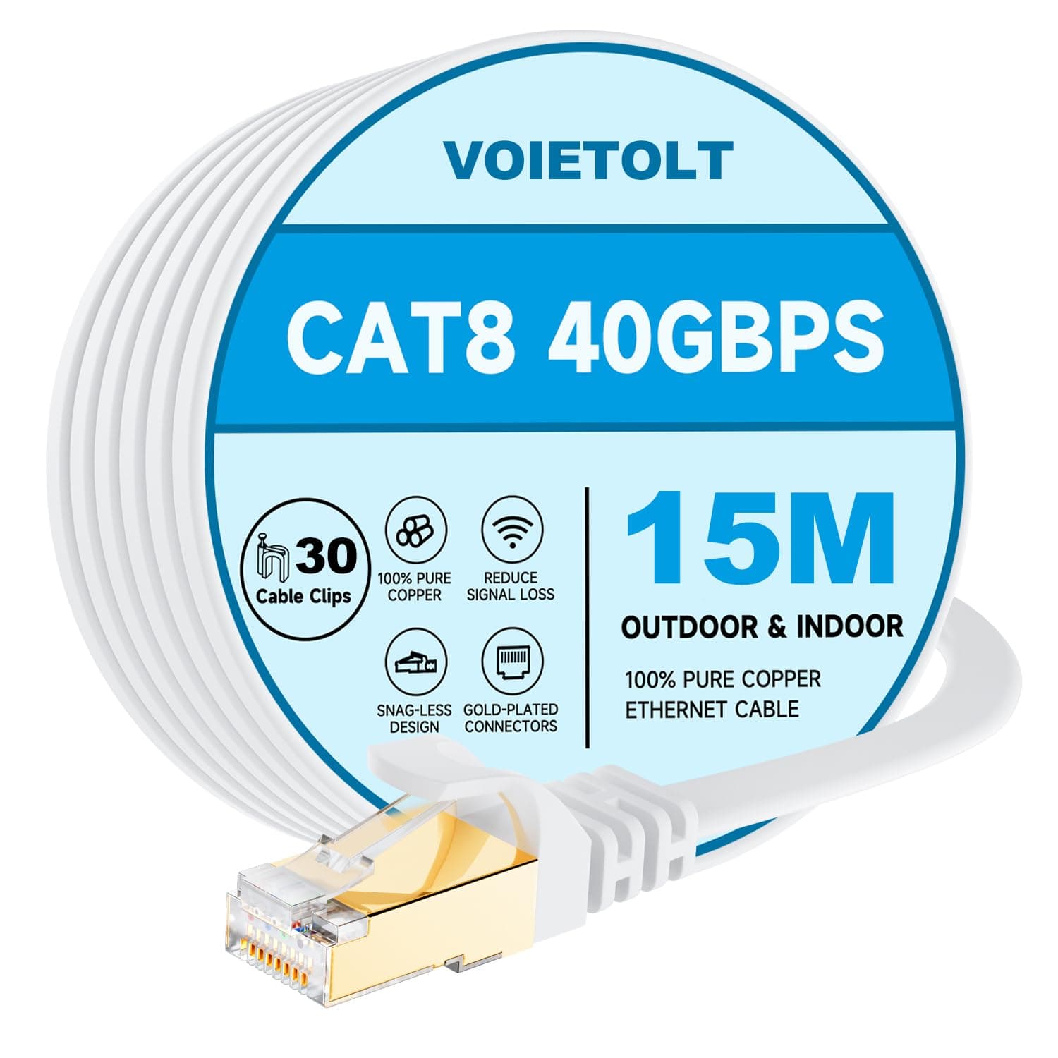 Cat8 Ethernet Cable 15M, 40Gbps/2000Mhz Flat High Speed Network Cable, STP RJ45 Gigabit Cat-8 Lan Internet Cable for PS4/5, for Modem - White