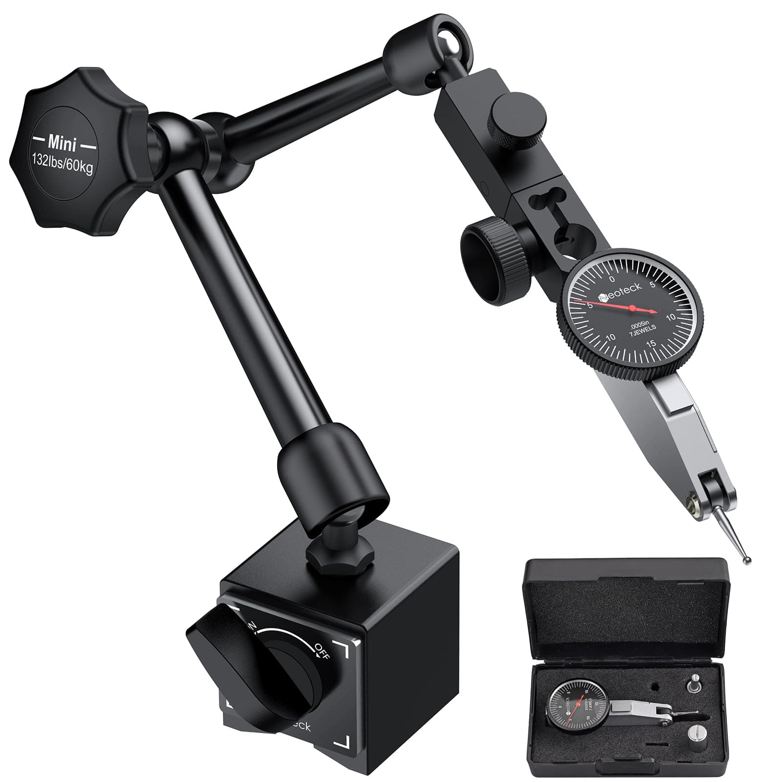 Neoteck 0-0.03"/0.0005" Dial Test Indicator with 132lbs(60kg) Max Pull Magnetic Base Stand Test Indicator Set with 3/8 inch (9.52mm) Clamping Hole for Machine Set-Up and Narrow Area Measurement-Black