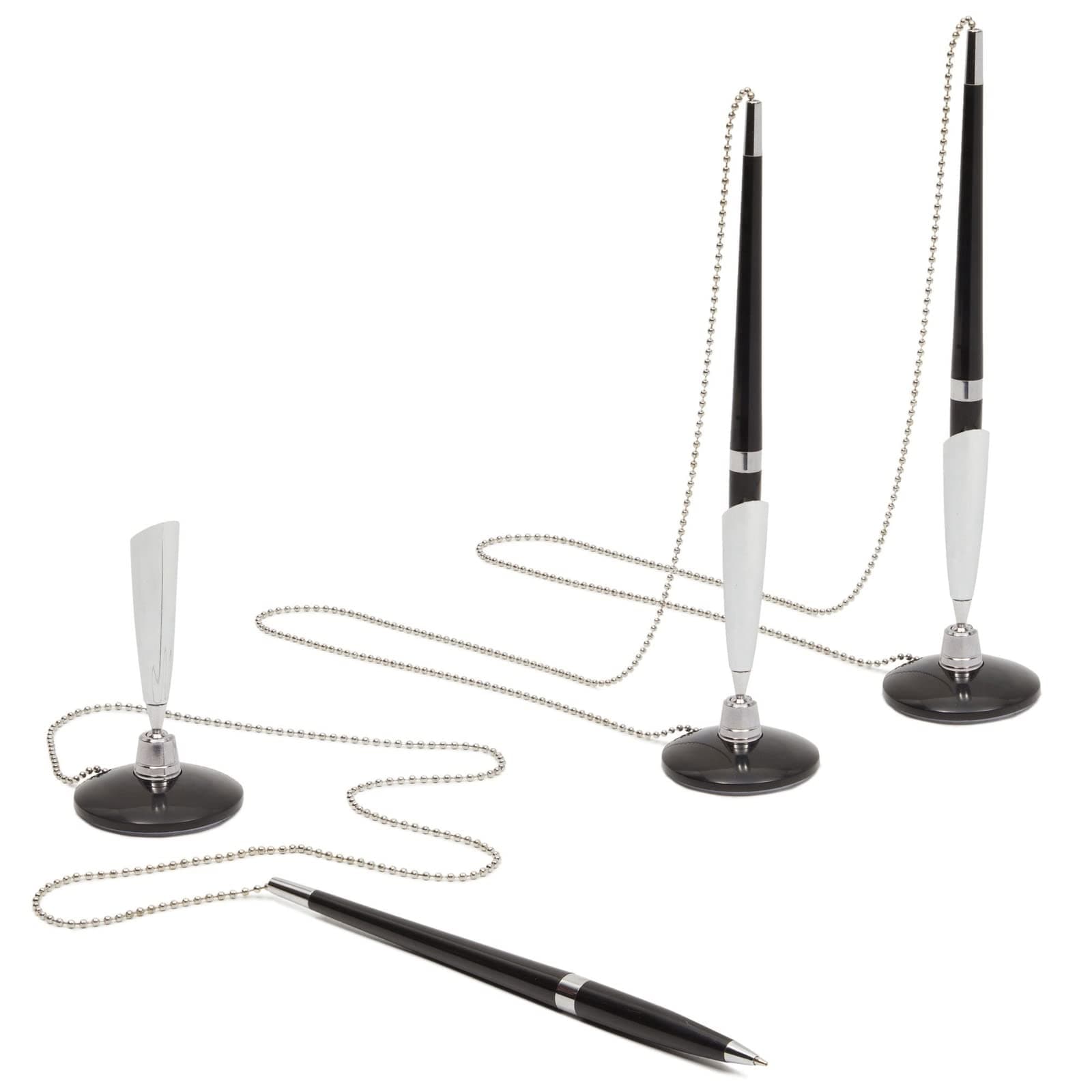 Desktop Pen - 3-Pack Counter Pens with Ball Chain, Security Gel Ink Pens for Bank, Office, Hotel Lobbies, Retail Stores, Anti-Theft Pen with Adhesive-Backed Base, Black, 0.5mm Ballpoint