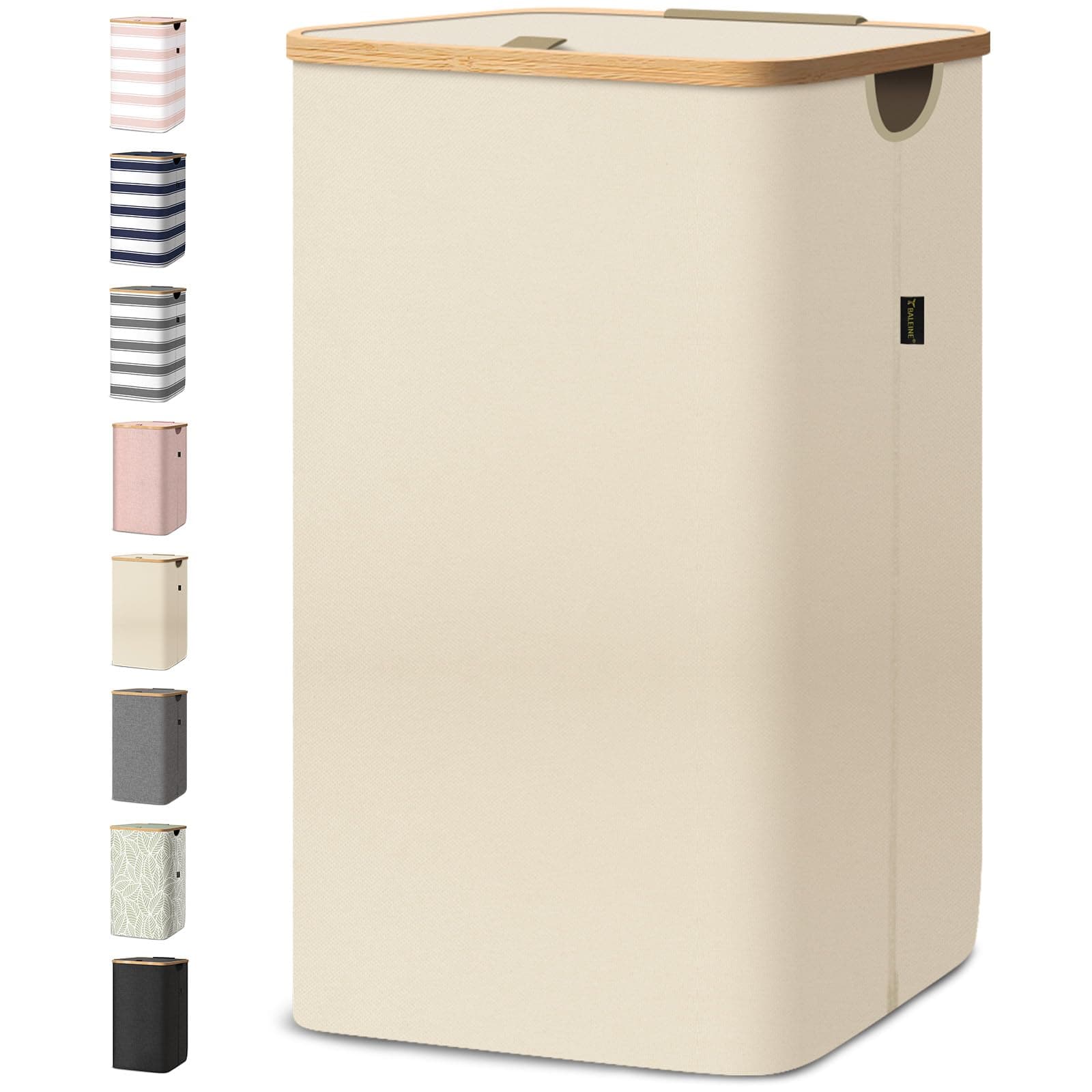Laundry Hamper with Lid, Tall Laundry Baskets with Bamboo Pull Handles, Large Laundry Bin with Internal Support (26 Gal/100L, Beige)