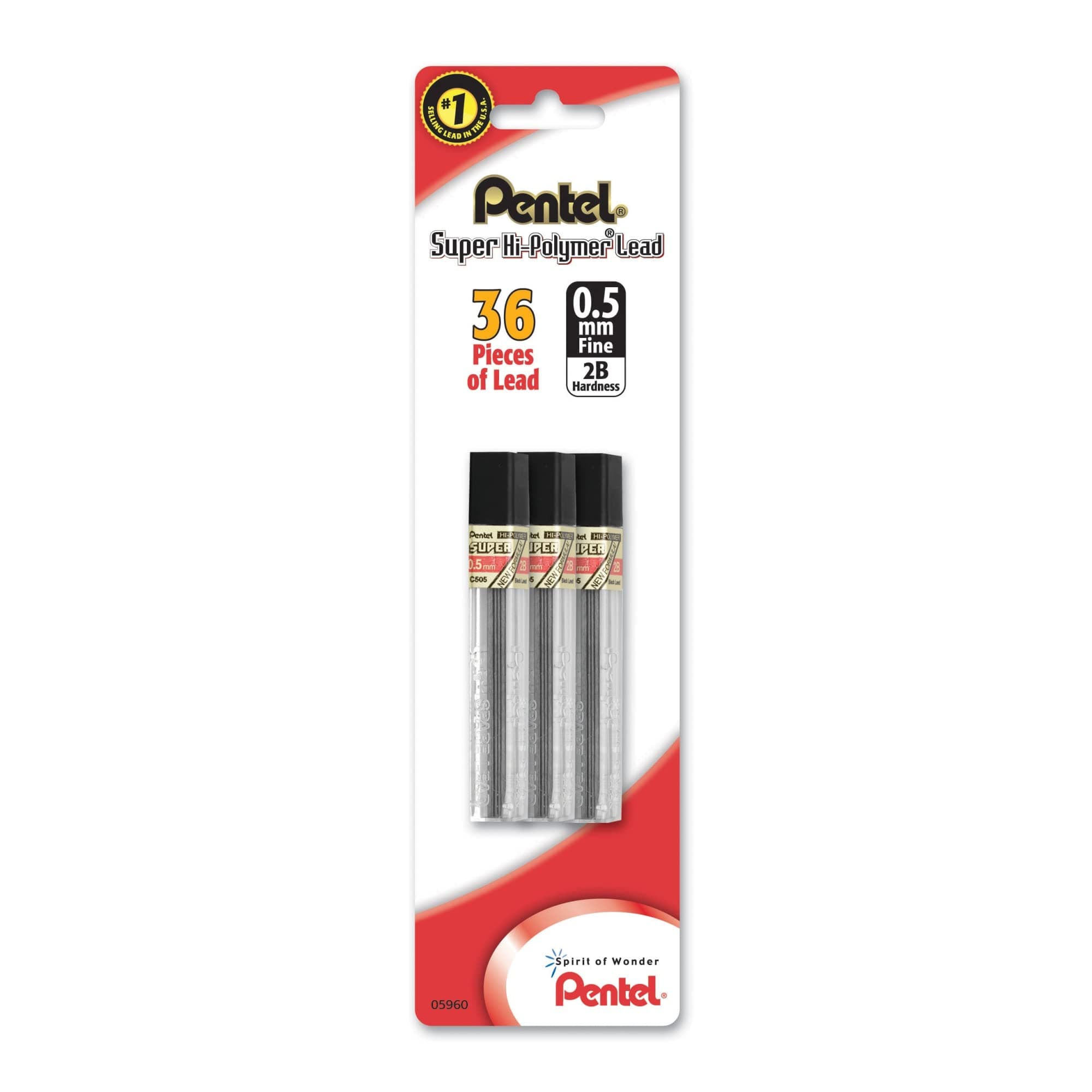 Pentel Super Hi-Polymer 2B Lead Refill - 0.5mm, Pack of 36