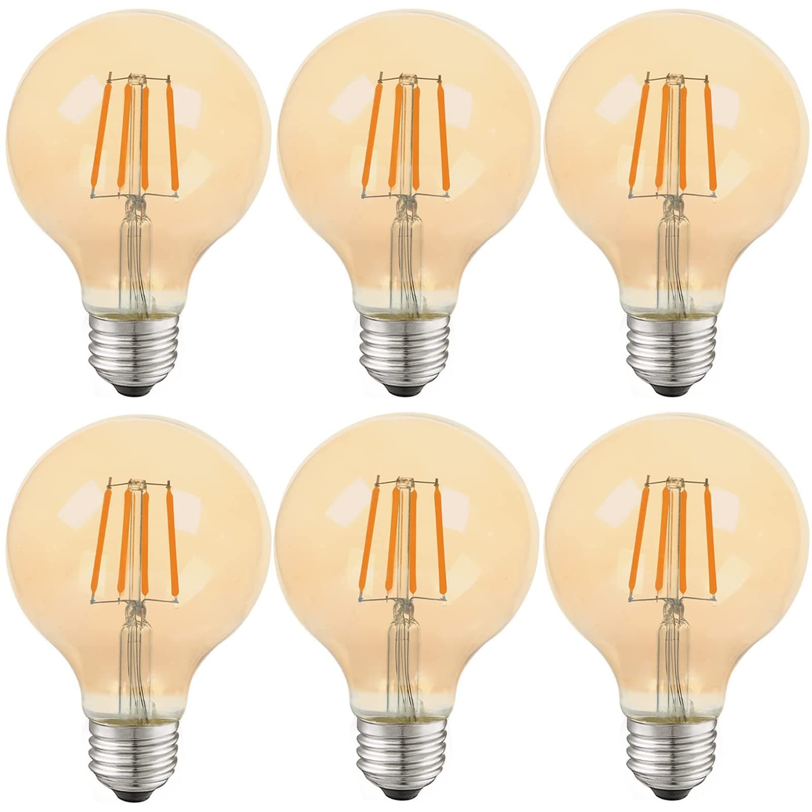 G25/80 Globe LED Light Bulbs,E27 Screw Bulb,Vintage Edison Bulb LED Filament Bulb,2500K Warm White Dimmable 4W Eqv. 40W incandescent Bulb Amber Glass With Chandelier and Island Lamp Etc,Pack of 6 Bulb