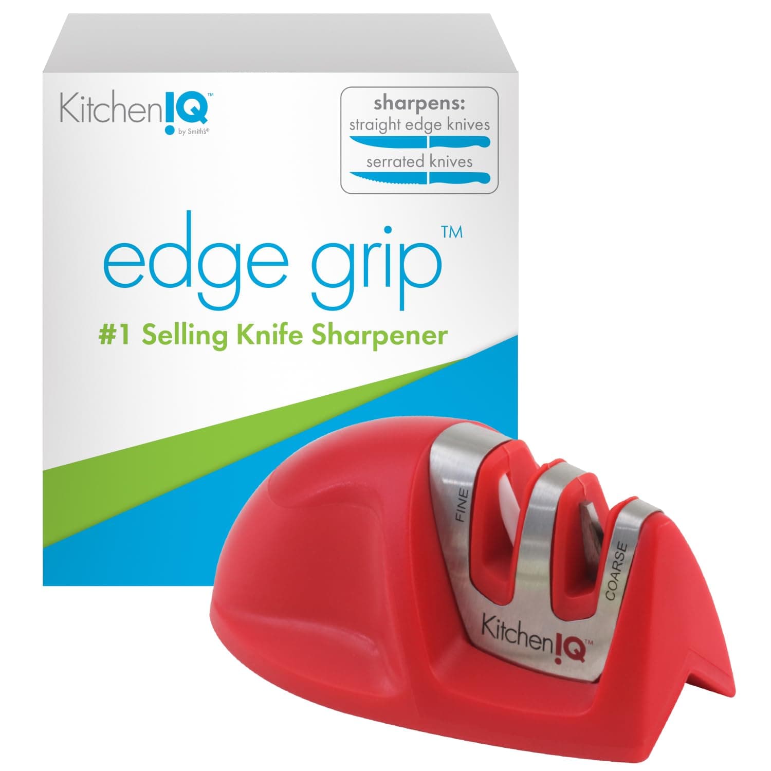 KitchenIQ 50883 - Edge Grip 2-Stage Knife Sharpener - Red - Coarse & Fine Sharpeners - Compact - Stable Non-Slip Base - Soft Grip Rubber Handle - Straight & Serrated Knives