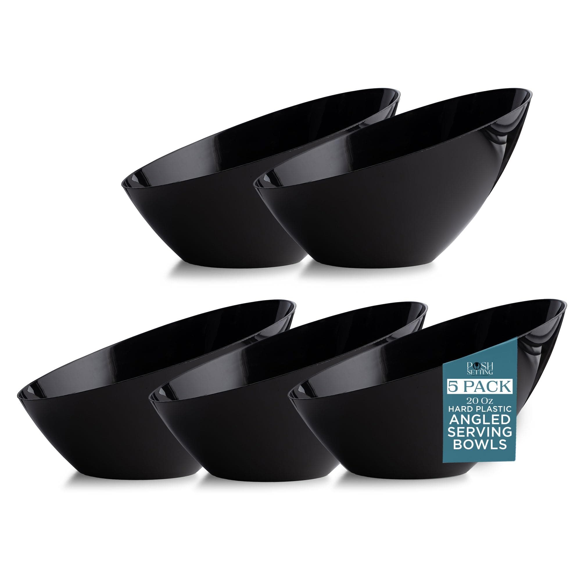 Posh Setting - Black Plastic Serving Bowls for Party - Angled, Disposable, Chip & Candy Bowls - 20 OZ, 5 Pack