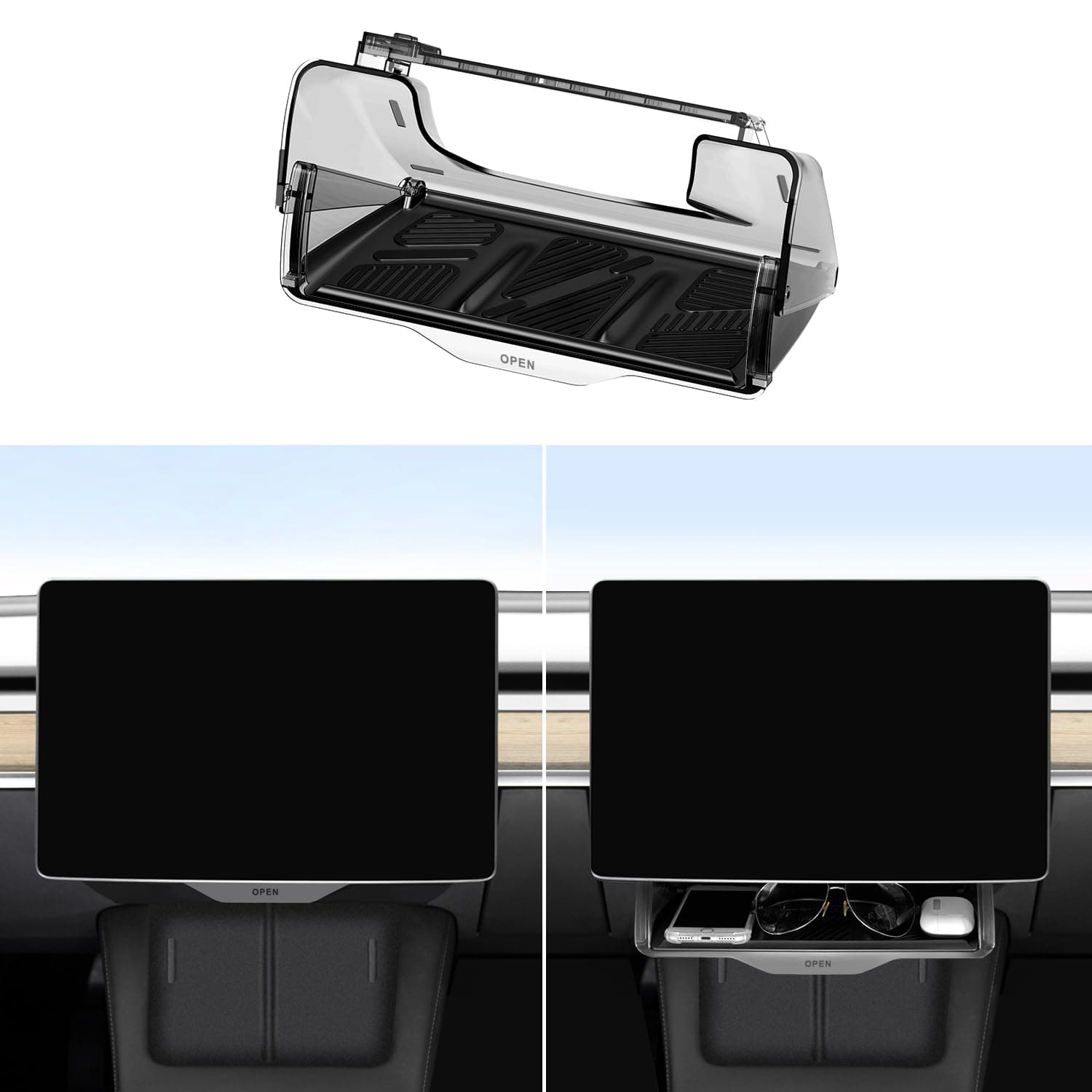 for Tesla Model Y Model 3 Hideable Under Screen Storage, Center Console Organizer Tray Sunglasses Holder with Black Anti-Slip Silicone Pad, Compatible with Tesla Model Y Model 3 Accessories 2016-2024