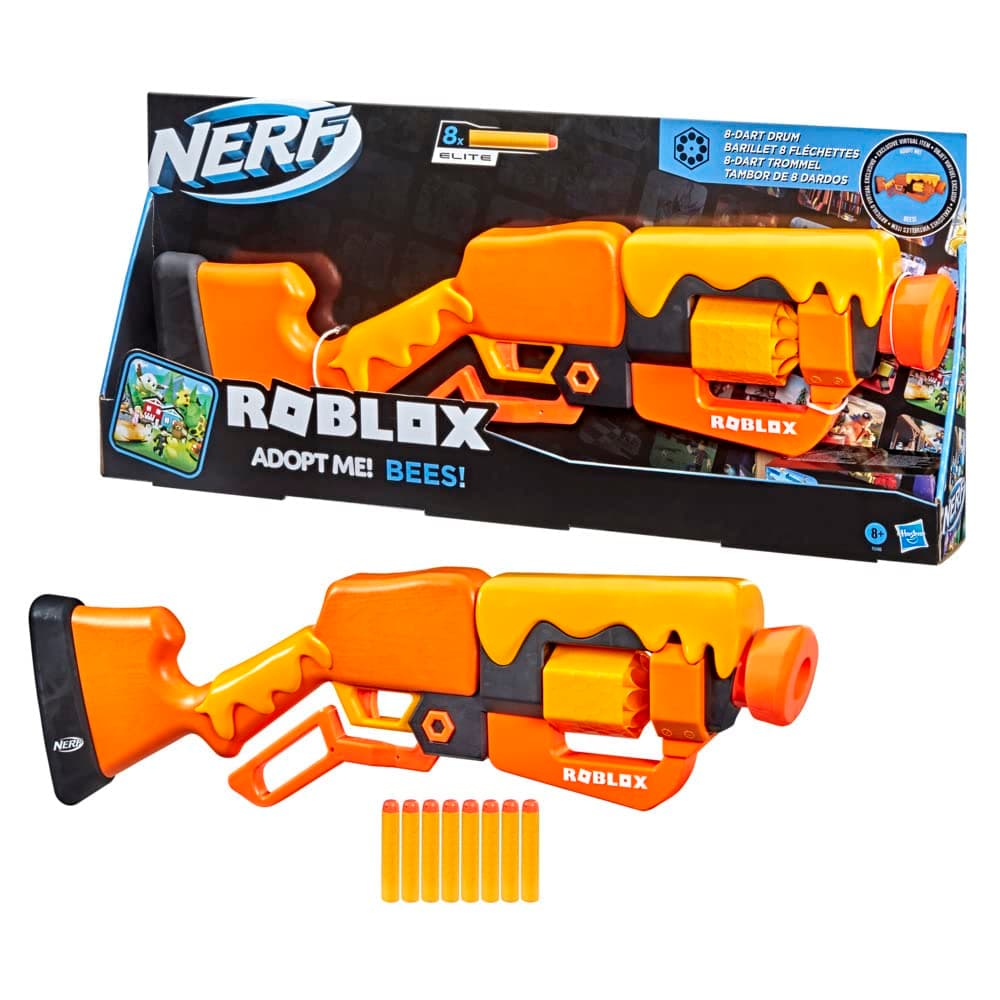 Nerf Roblox Adopt Me!: Bees! Lever Action Dart Blaster, Rotating 8-Dart Drum, 8 Elite Darts, Code to Unlock in-Game Virtual Item