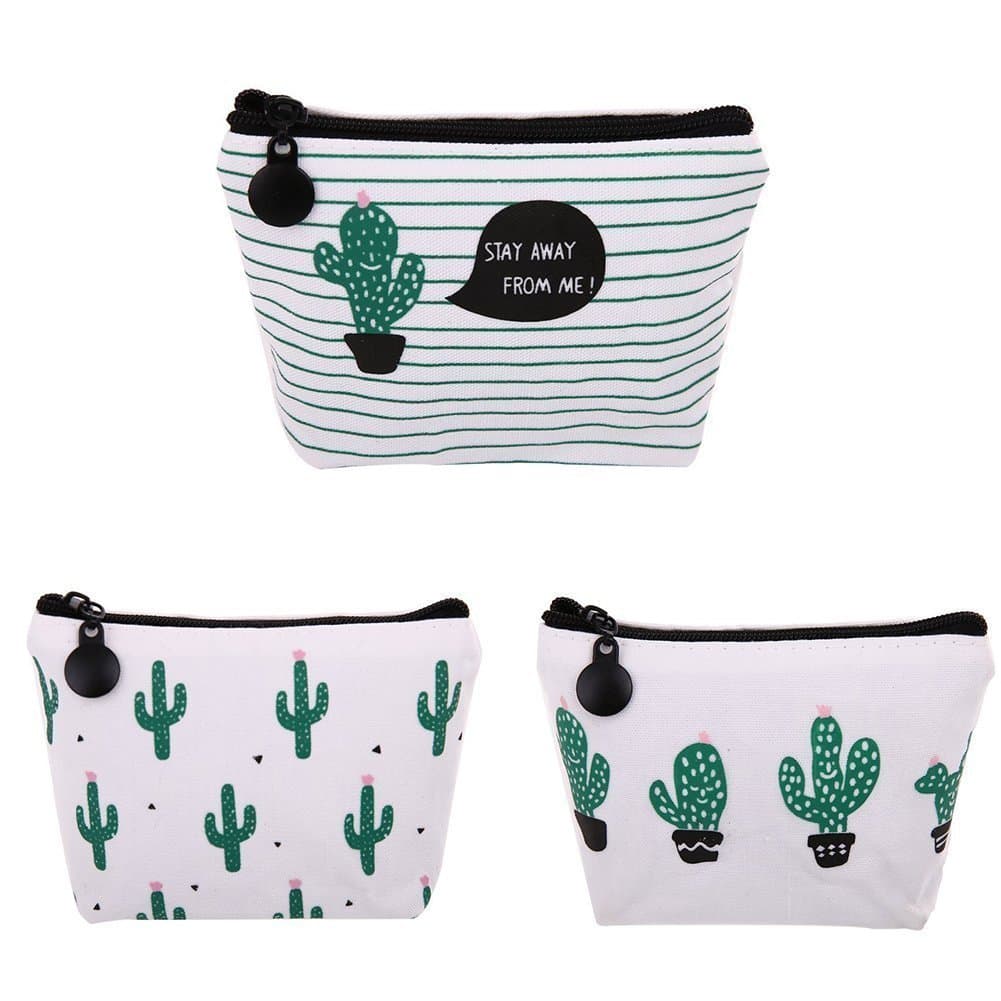 Turquoise Gate Set of 3 Assorted Canvas Zip Mini Card Holder Wallet Pastoralen Floral Cactus Design Coin Pockets Fall