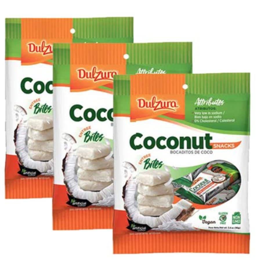 Dulzura Borincana: Vegan Coconut Bites Snack Bars (3 Pack) 3.4oz Each Bag - Non GMO Gluten Free