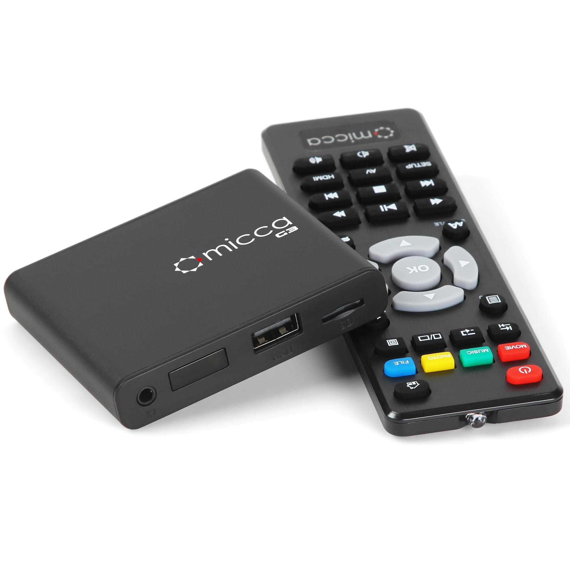 Micca Speck G3 2K Quad-HD Digital Media Player for USB Drives and MicroSD Cards, Digital Signage, H.265/HEVC H.264/AVC MP4 MKV Videos MP3 Music JPG Photos, 4K HDMI, Analog AV, Auto Play and Resume