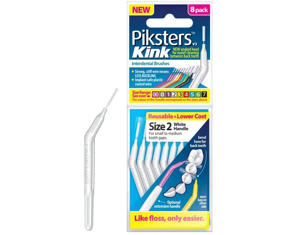 Piksters Kink Interdental Brushes - for Cleaning Between Teeth (8 Pack, Size 2 (White))
