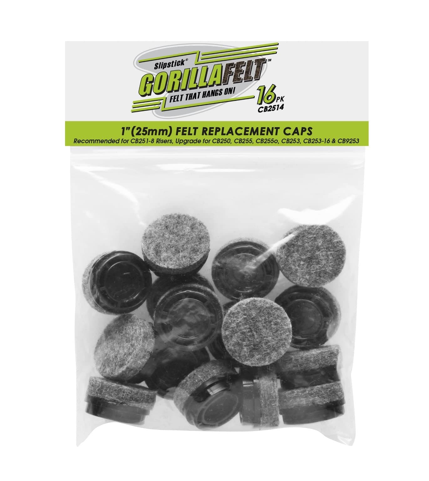 Slipstick GorillaFelt CB2514 Replacement 1 Inch Felt Slider Cap Inserts for use with GorillaGlides CB253 and GorillaRisers CB251-8 (Includes 16 Felt Caps) Plastic Glide Body Sold Separately