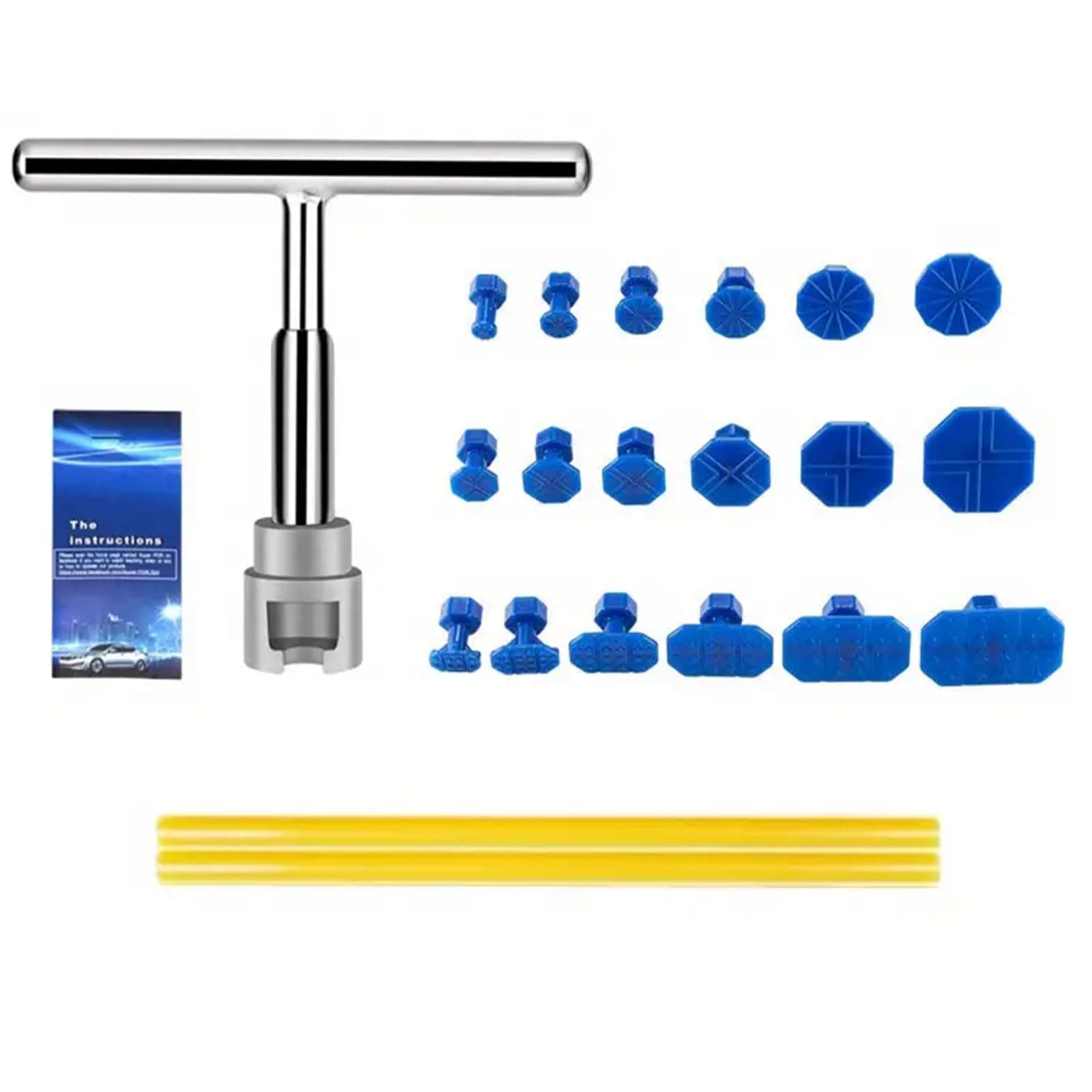 Car Dent Puller Kit Auto Body Dent Remove Car Dent Puller Repair Tool with T bar/Adhesive Strips Pulling Small Dents Out of Car Paintless Dent Repair Removal Kit(Color:Silver)
