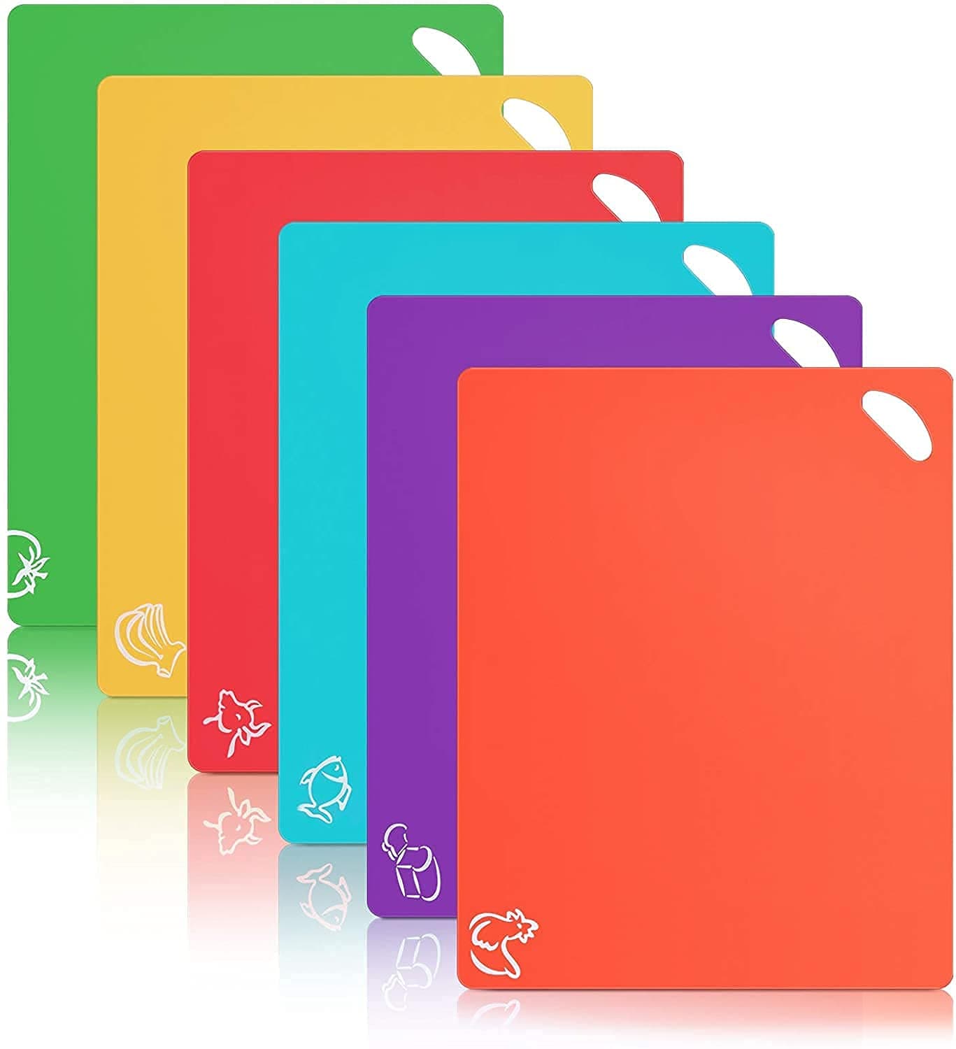 Flexible Plastic Cutting Board Mats Set, Food Grade Plastic Kitchen Cutting Mat With Food Icons and hanging hole (6pcs)