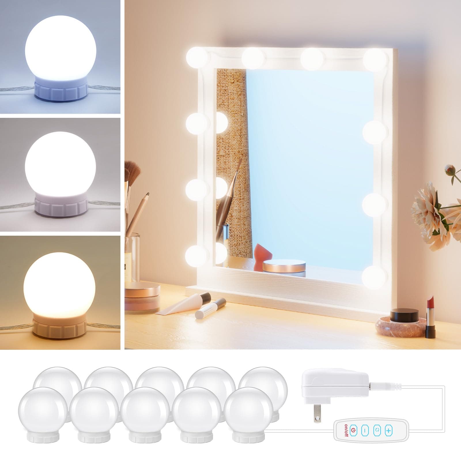 Hollywood Style LED Vanity Mirror Light Kit with 10 Dimmable Bulbs for Makeup Dressing Table Power Plug-in Lighting Strip Vanity Mirror Light White (Mirrors Not Included)