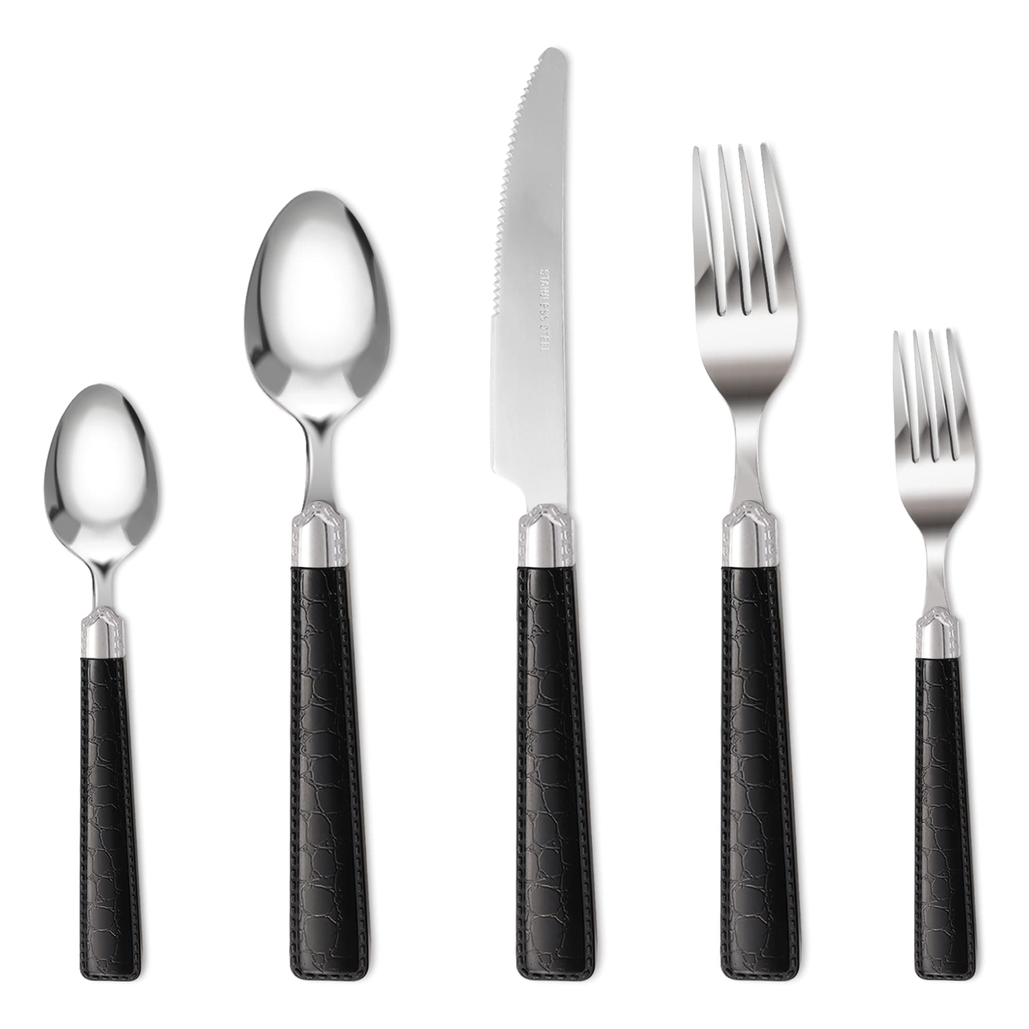 Carote Silverware Set for 4, 20 Pcs Stainless Steel Flatware Set, Mirror Polished Cutlery Utensil Set Including Knife Fork Spoon with Leather Patterned ABS Handle, Black