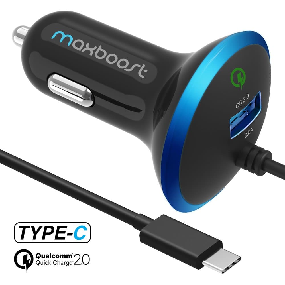 Maxboost USB Car Charger 33W with Quick Charge 2.0 Port + Build-in USB Type C Cable Compatible with iPhone XR XS Max X 8 7 6s 6, Galaxy S10 S10+ S10e 5G S9 / Plus, Note 9 and More (M-AL-TC-01)