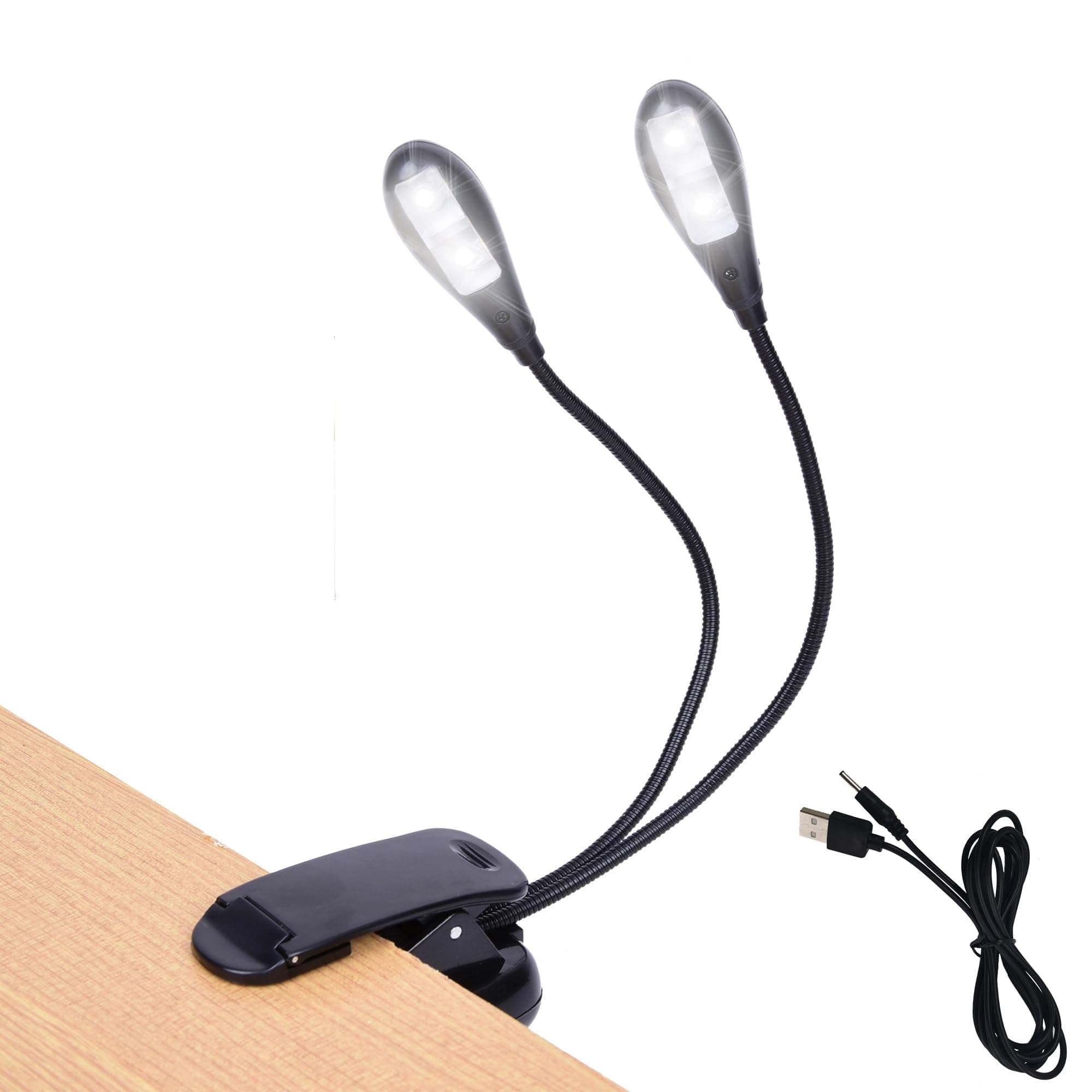 Music Stand Light, 1/2/4/10 Pack Clip on LED Book Lights, USB and AAA Battery Operated, Reading Lamp in Bed, 4 Brightness Levels, Ideal for Musician, Piano Player, Sheet Music, Travel (Dual Arm)