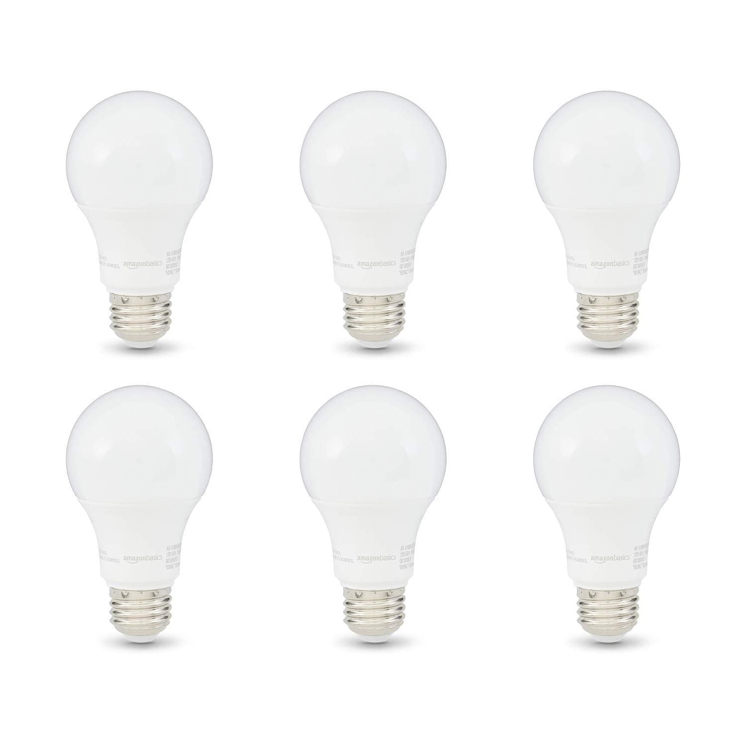 Amazon Basics A19 LED Light Bulbs, 60 Watt Equivalent, Energy Efficient 9W, E26 Standard Base, Soft White 2700K, Dimmable, 10,000 Hour Lifetime , 6-Pack