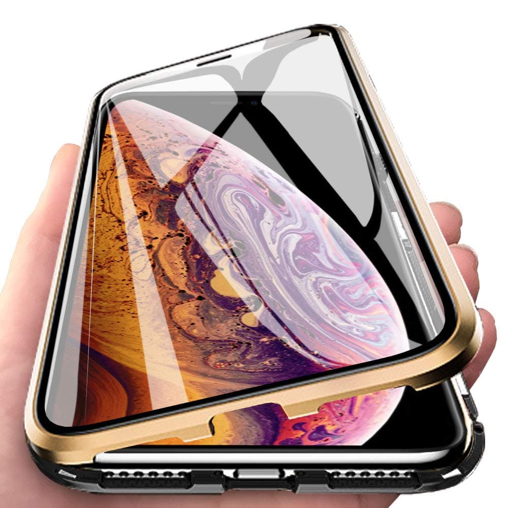 Eabuy iPhone XS Max Case, 360° Full Body Transparent Tempered Glass with Magnetic Adsorption Metal Bumper Case Cover for iPhone XS Max Gold Black