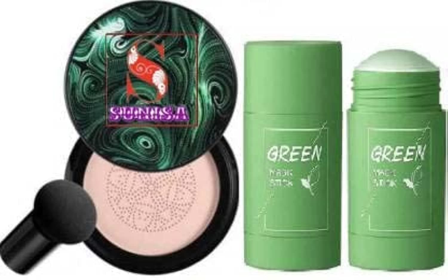 Bb And Cc Cream Full Coverage Natural Foundation For All Skin Type With Mushroom Head Air Cushion 20G And 1 Green Tea Stick Mask - (Pack Of 2)